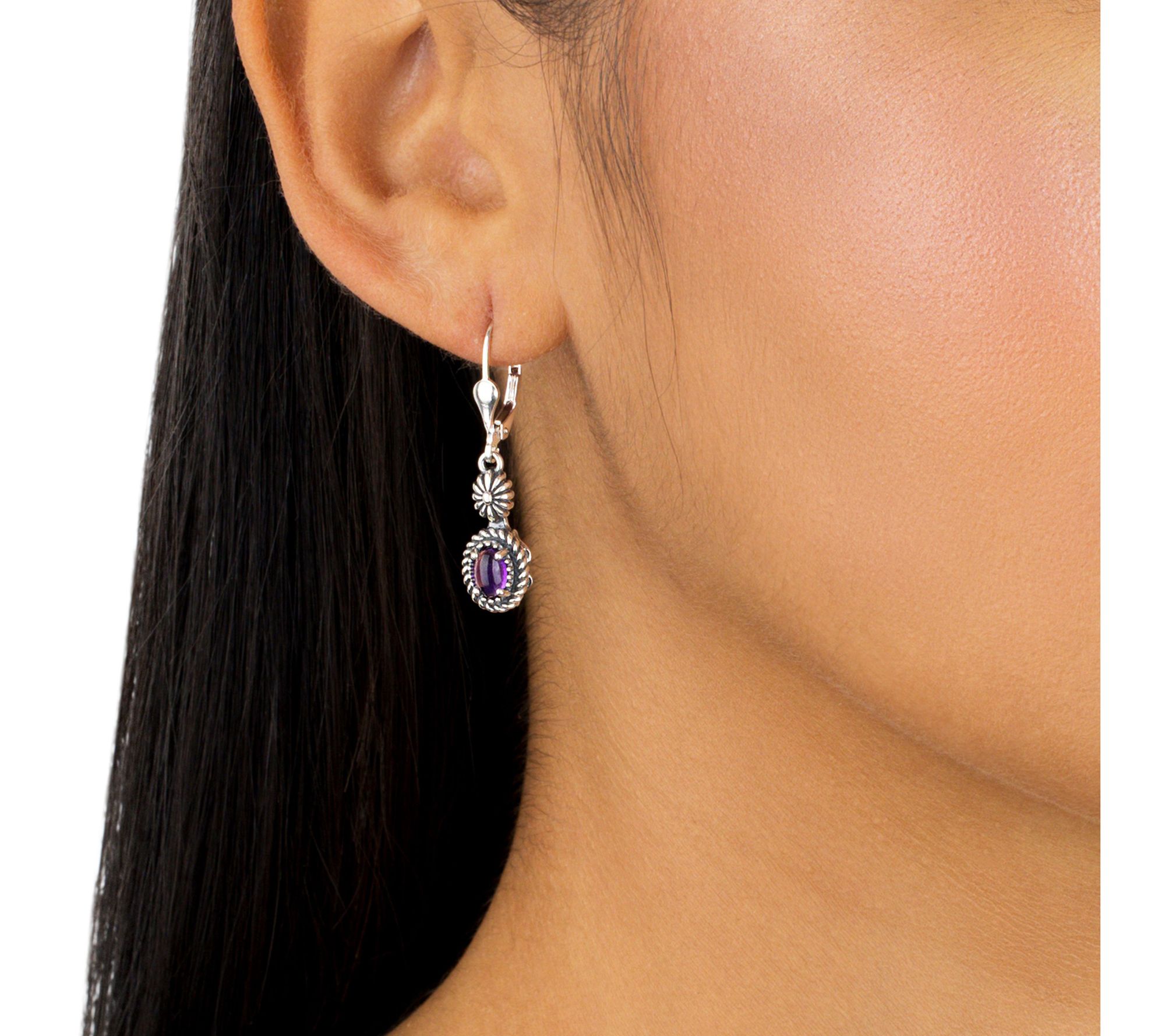 American West Sterling Concha Gemstone Leverbac k Earrings