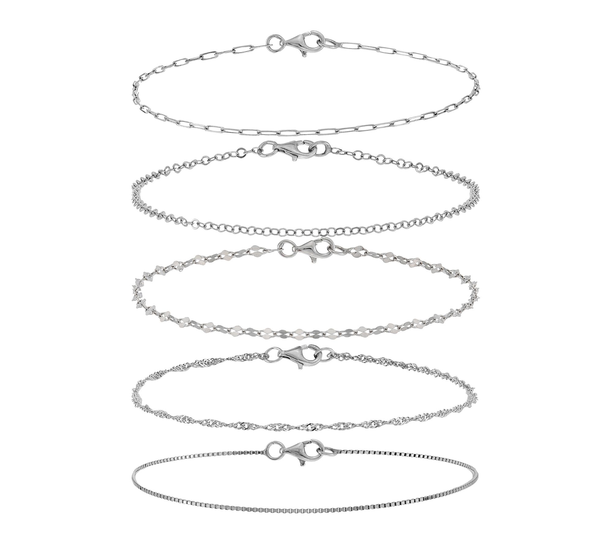 Silver Style Set of 5 Chain Bracelets, Sterling
