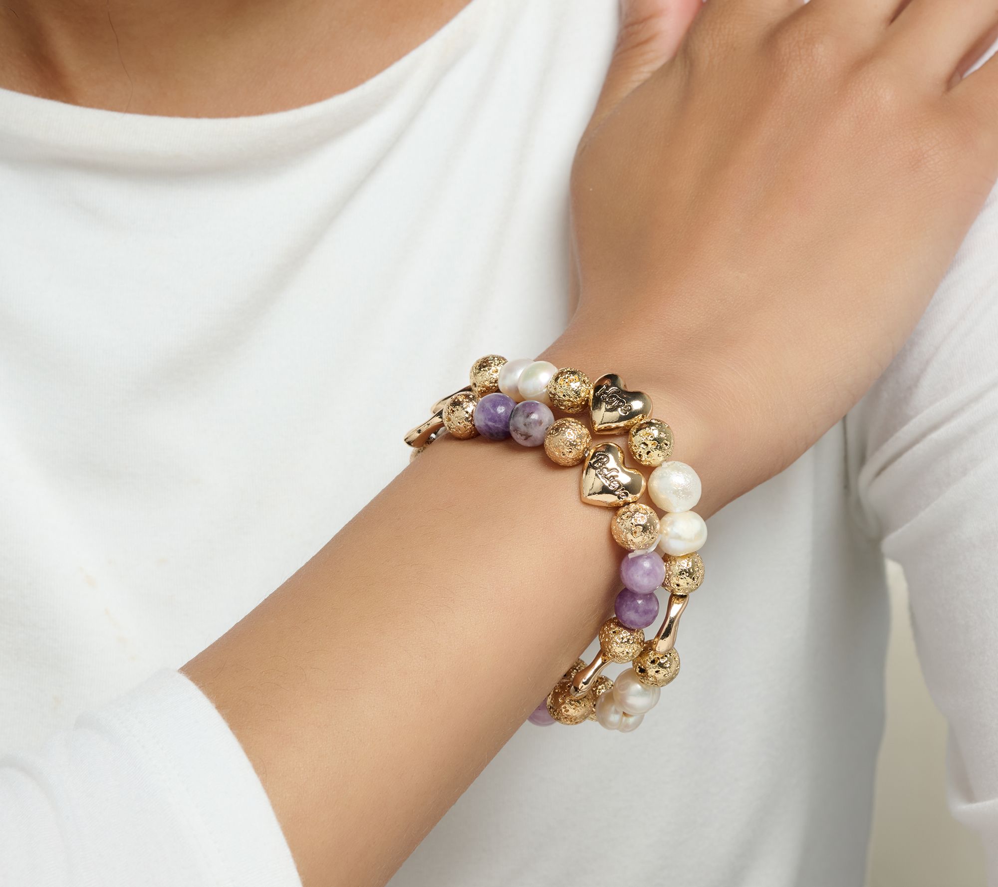 Zorbitz Set of 2 Lava & Gemstone Bead Heart Charm Bracelets