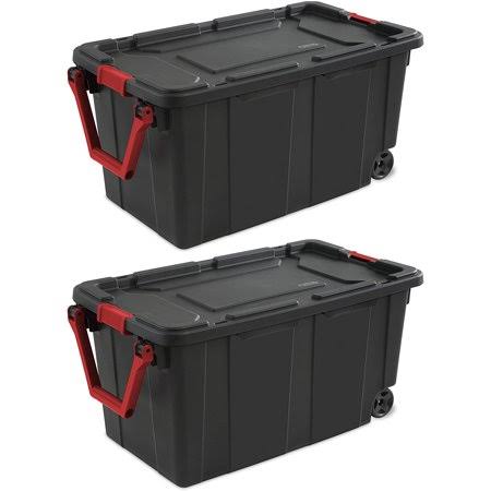 Sterilite 14699002 40 Gallon/151 LITER Wheeled Industrial Tote, Black Lid u0026 Base w/ Racer Red Handle u0026 Latches, 2-Pack,