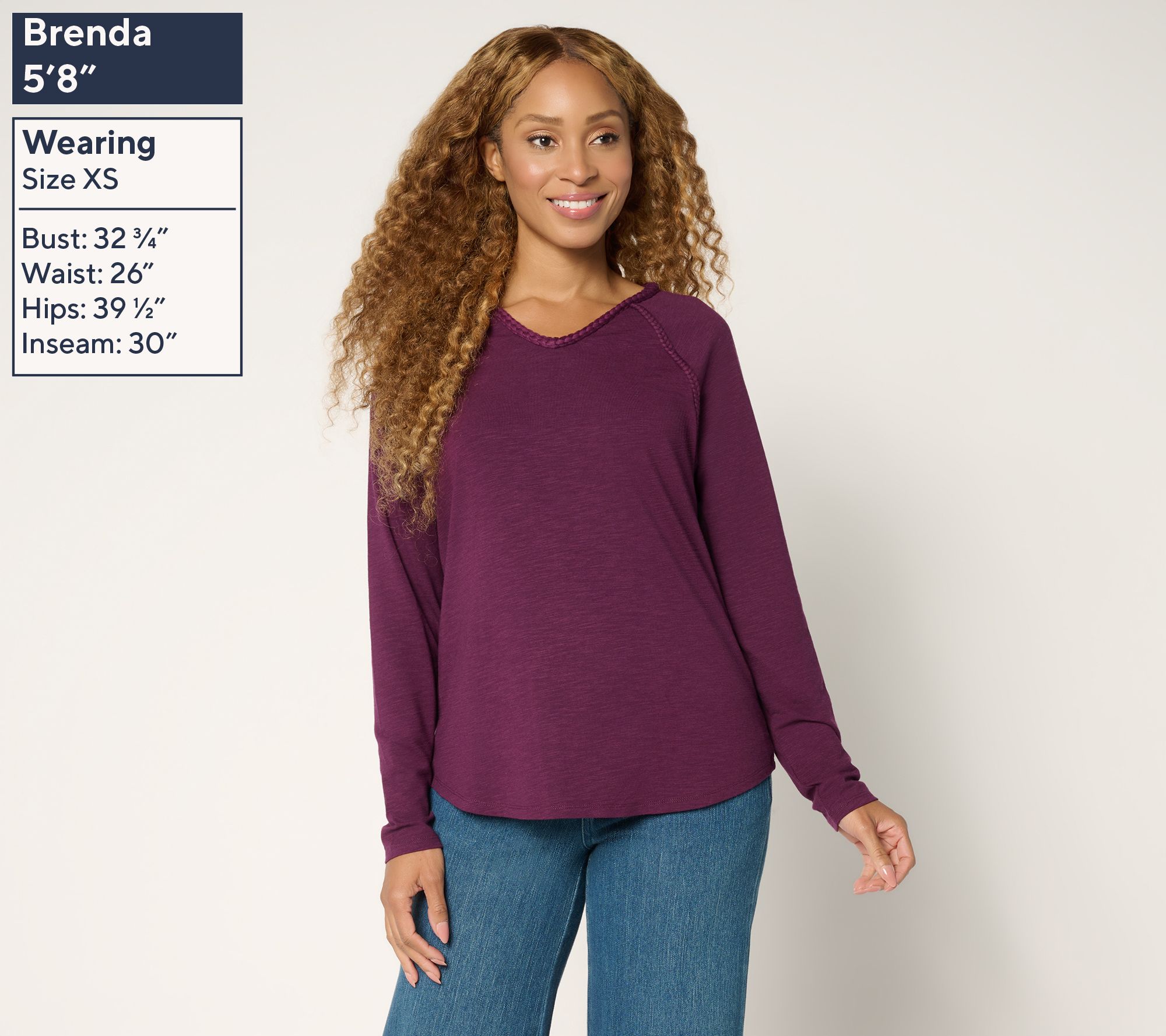 Belle Boho by Kim Gravel Slub Knit Braided Raglan V-Neck Top