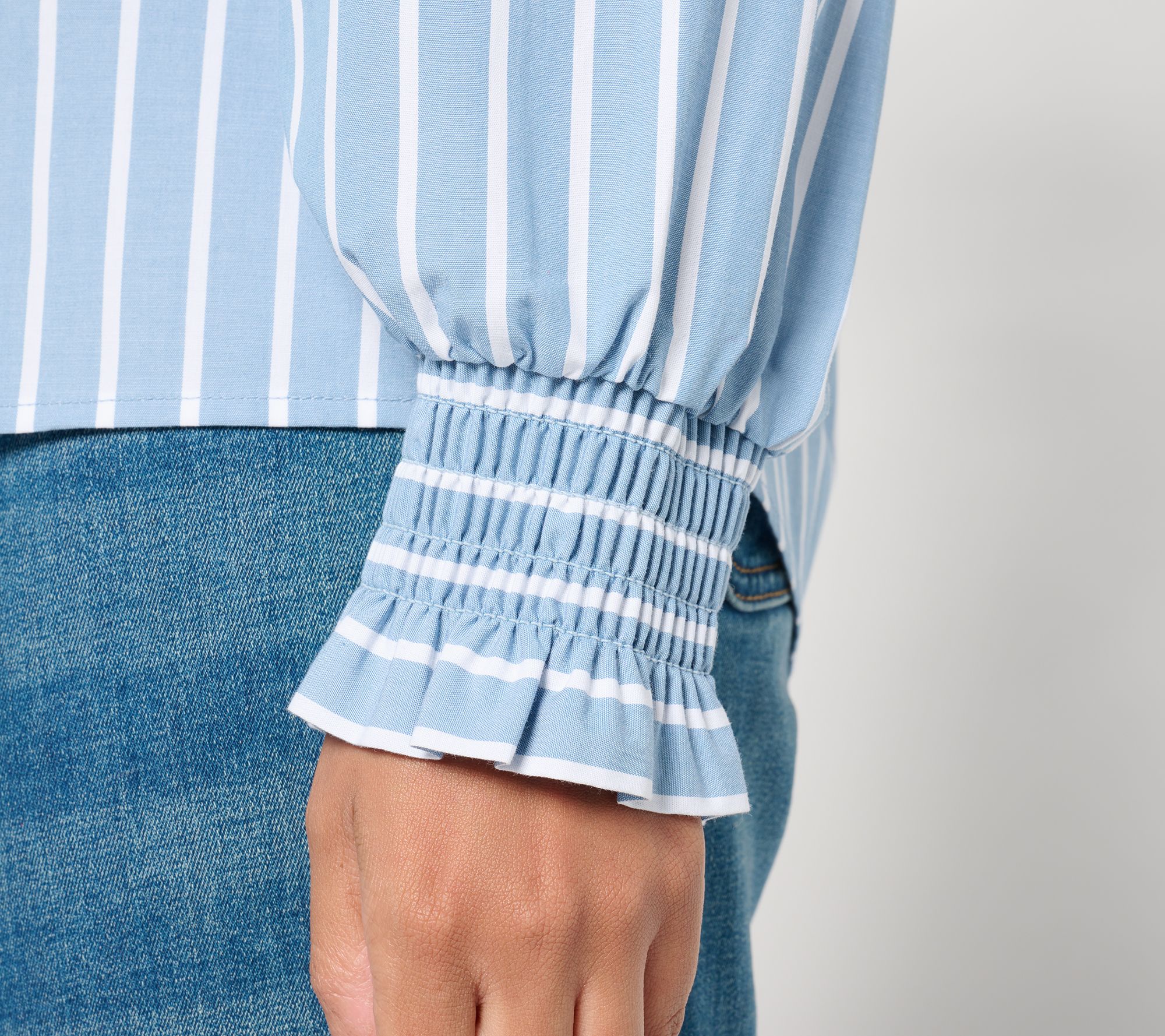 Studio Park x Amy Stran Ruffle Collar Smocked Cuff Henley Shirt