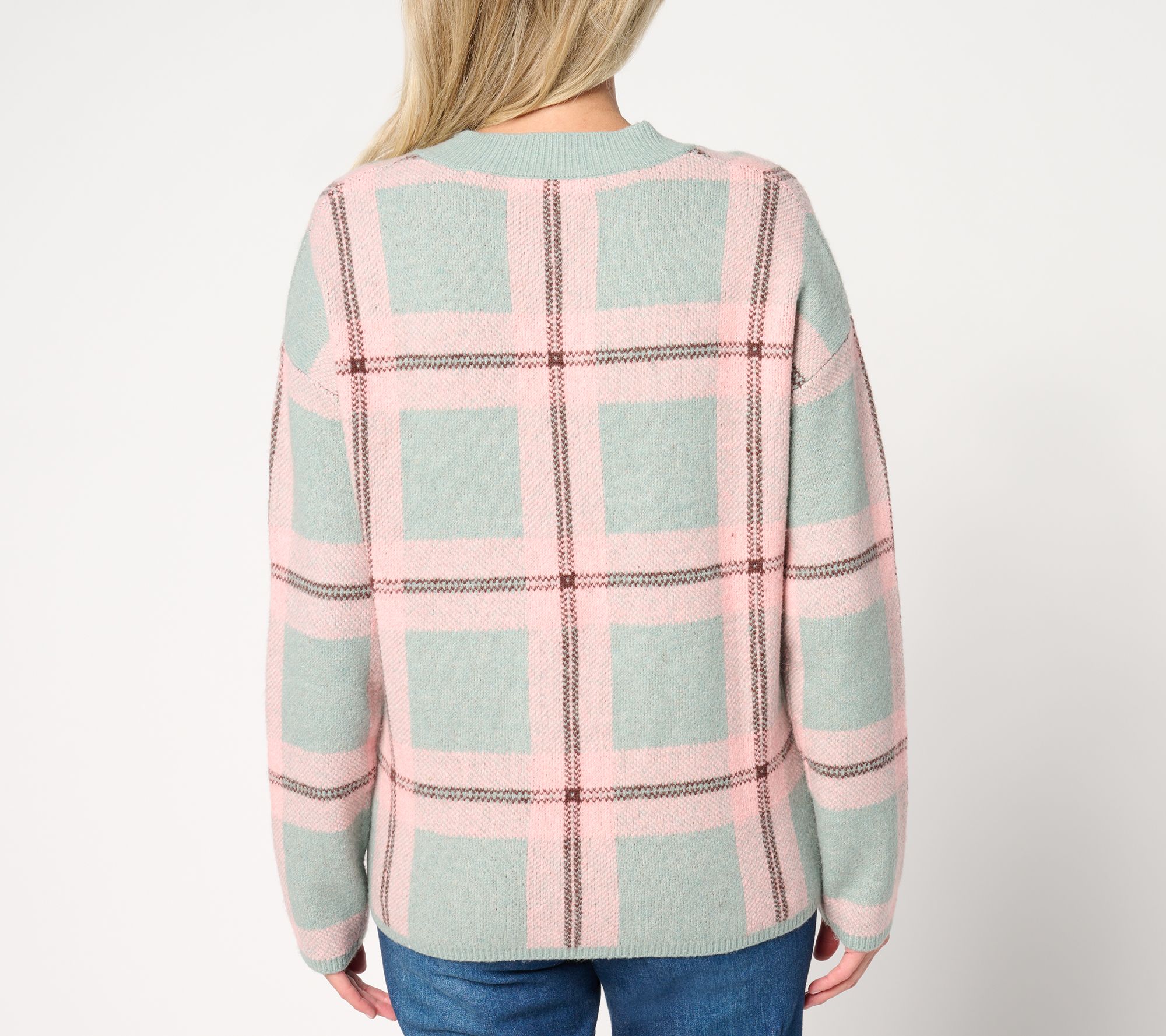 AnyBody Plaid Intarsia V-Neck Sweater