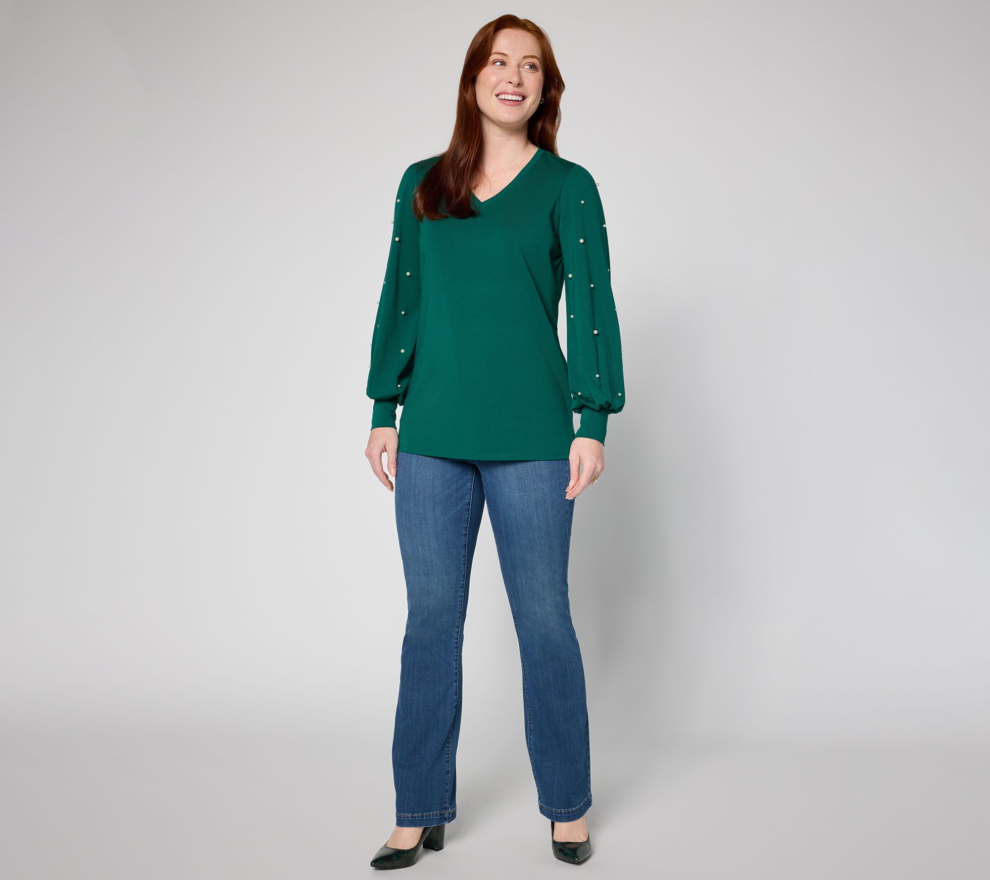 Belle by Kim Gravel TripleLuxe Knit Uptown Pearls Trimmed Top