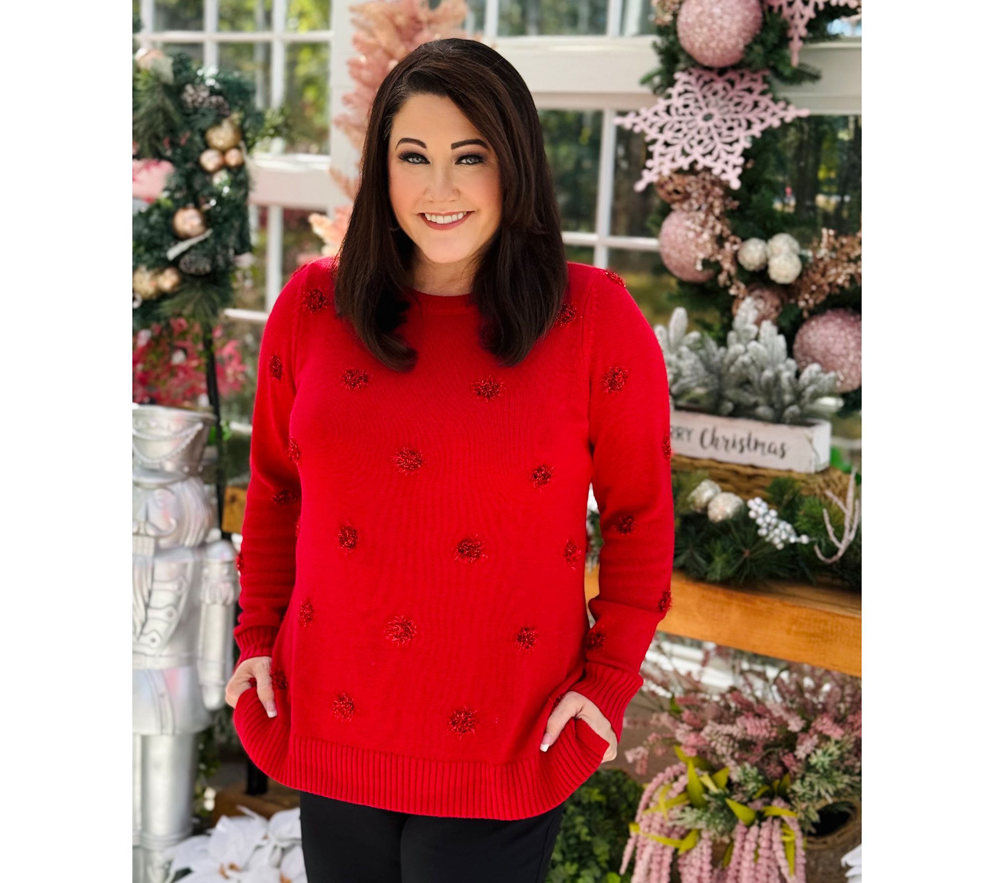 Jingle Belles by Kim Gravel Tinsel Dots Bateau Neck Sweater