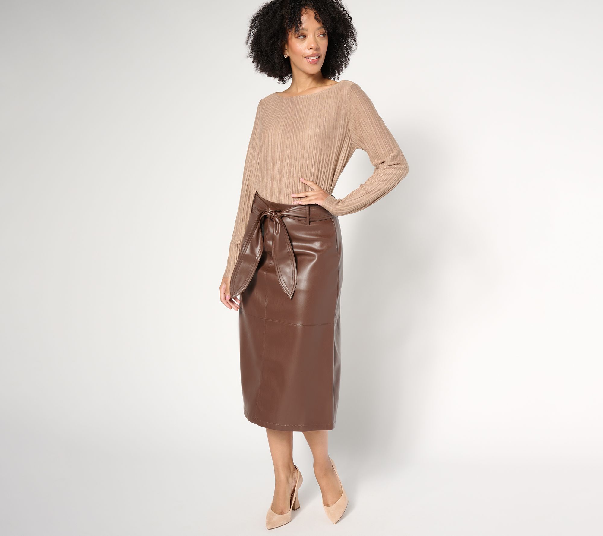 BEAUTIFUL by Lawrence Zarian Petite Faux Leather Self Belt Skirt
