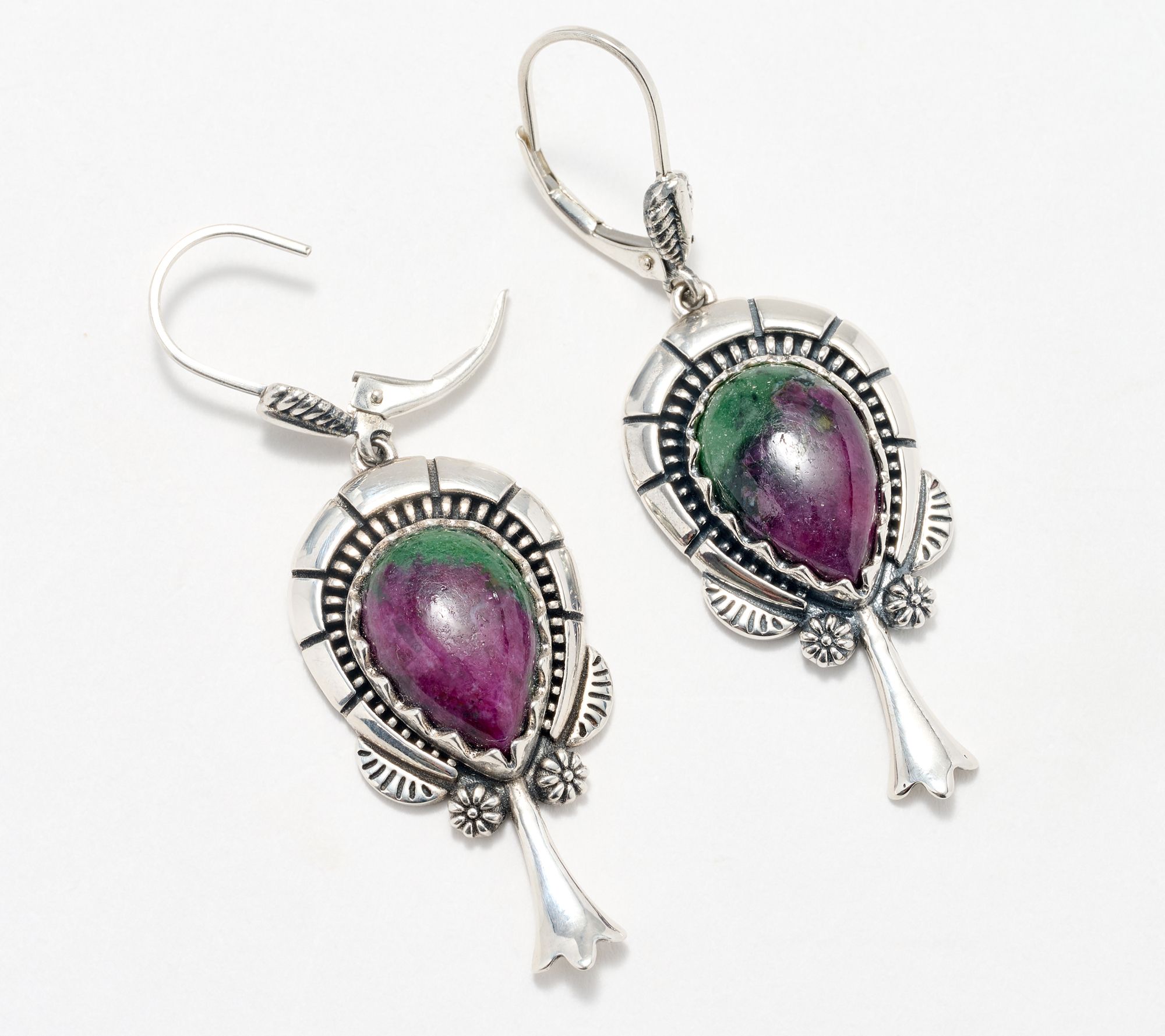 American West Sterling Silver Pear Gemstone Squash Blossom Earrings