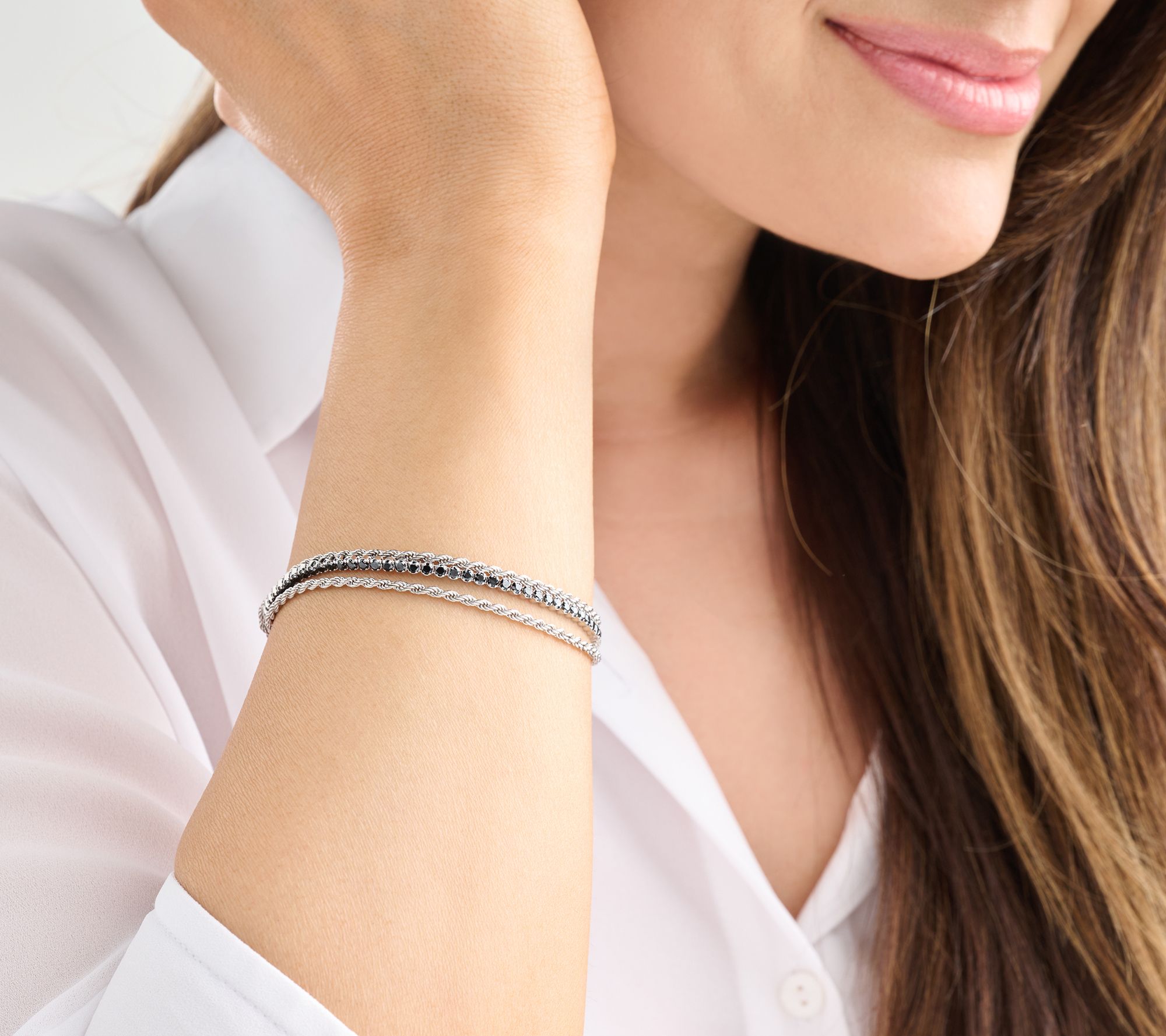 Diamonique Italia Triple Strand Black Stone Bracelet, Sterl