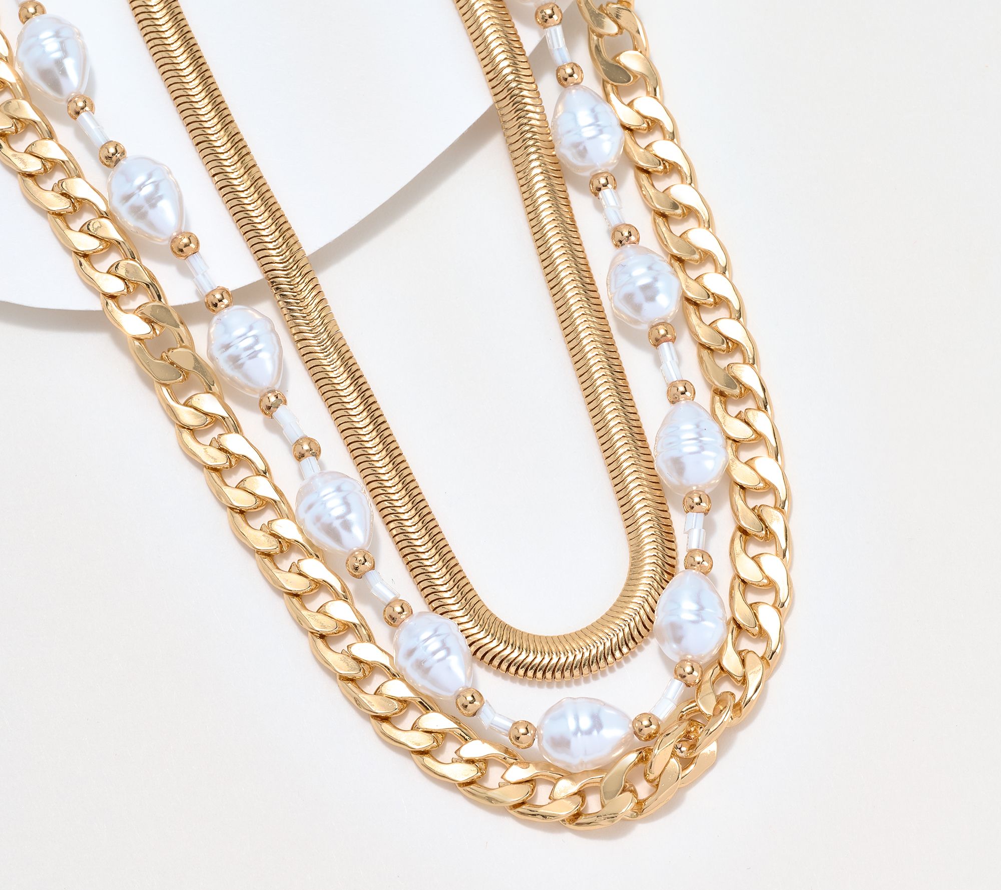 Susan Graver Three Row Chain and Simulated Pearl Necklace