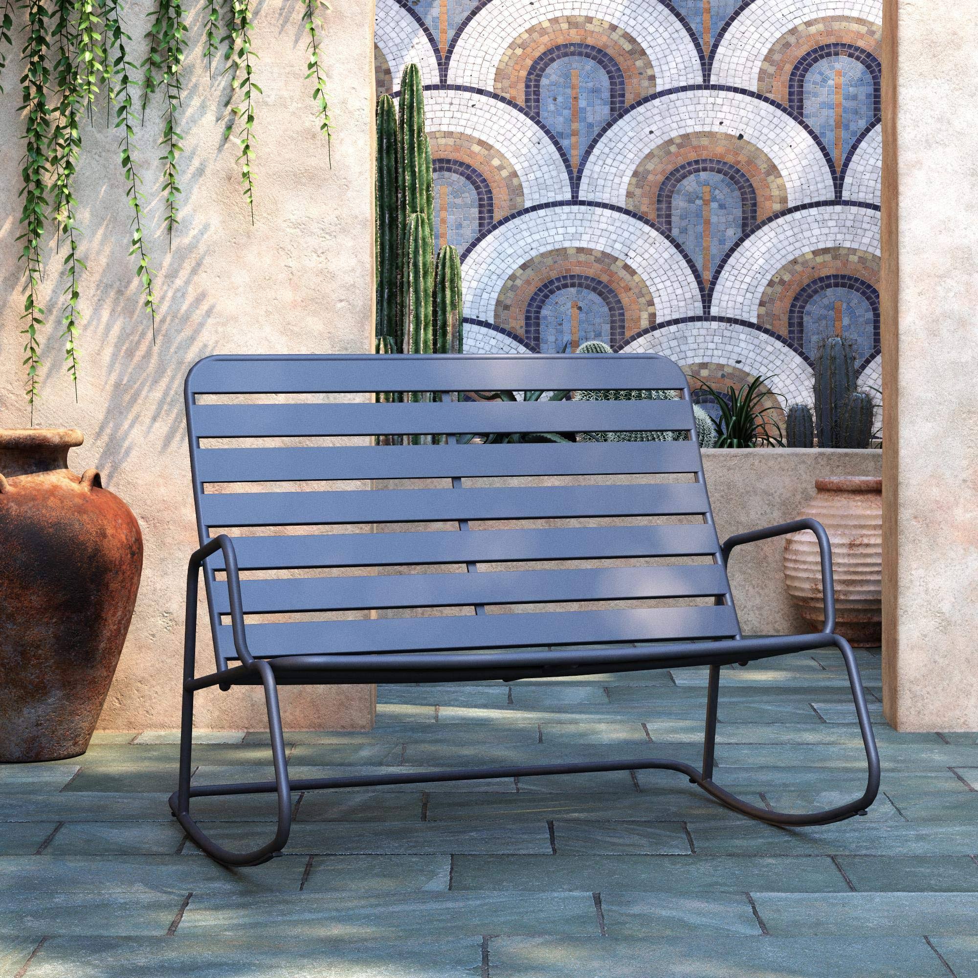 Novogratz Poolside Gossip Collection, Roberta Outdoor/Indoor Rocker Loveseat, Charcoal