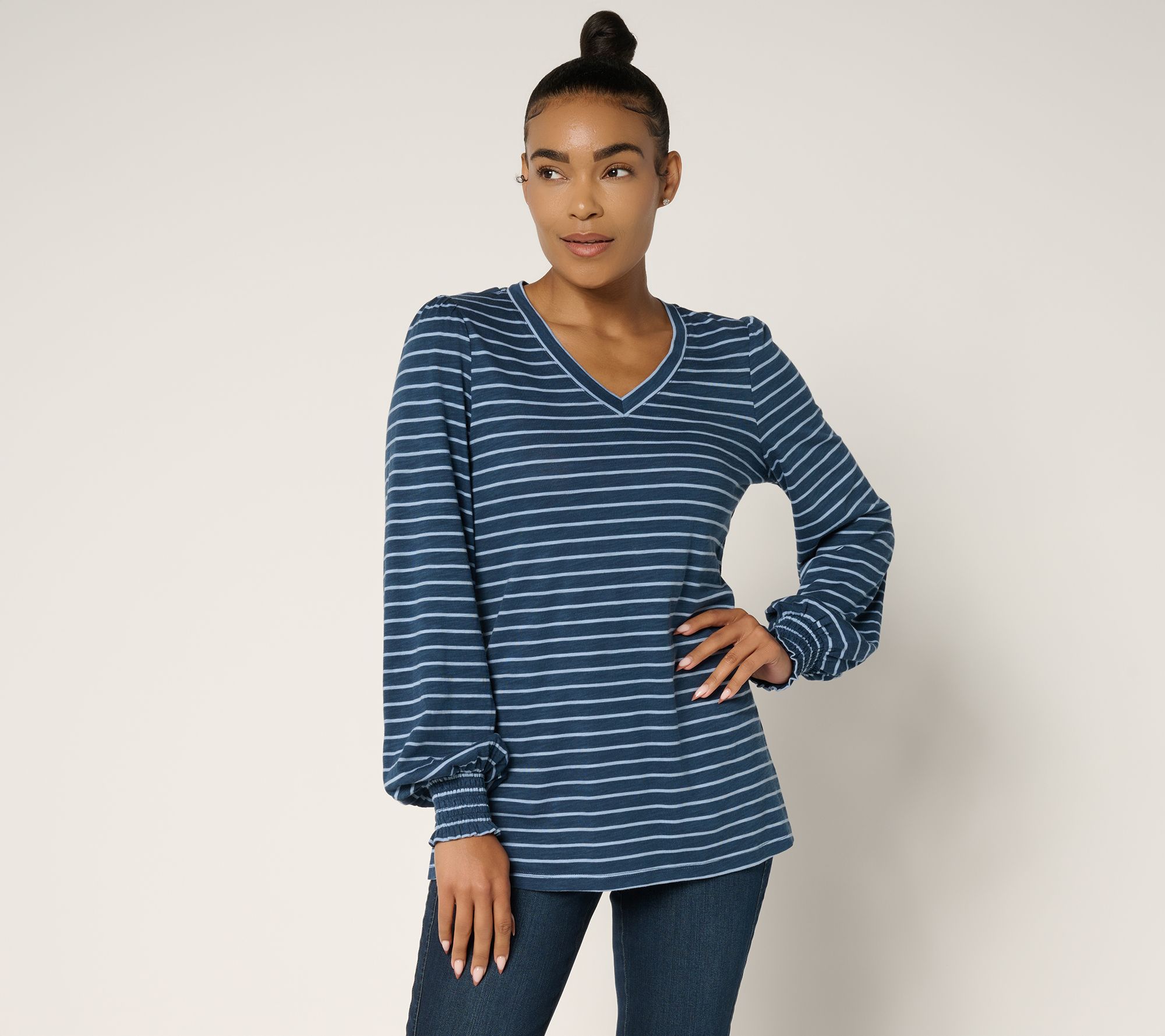 Belle by Kim Gravel Slub Knit Pinstripe V Neck Top