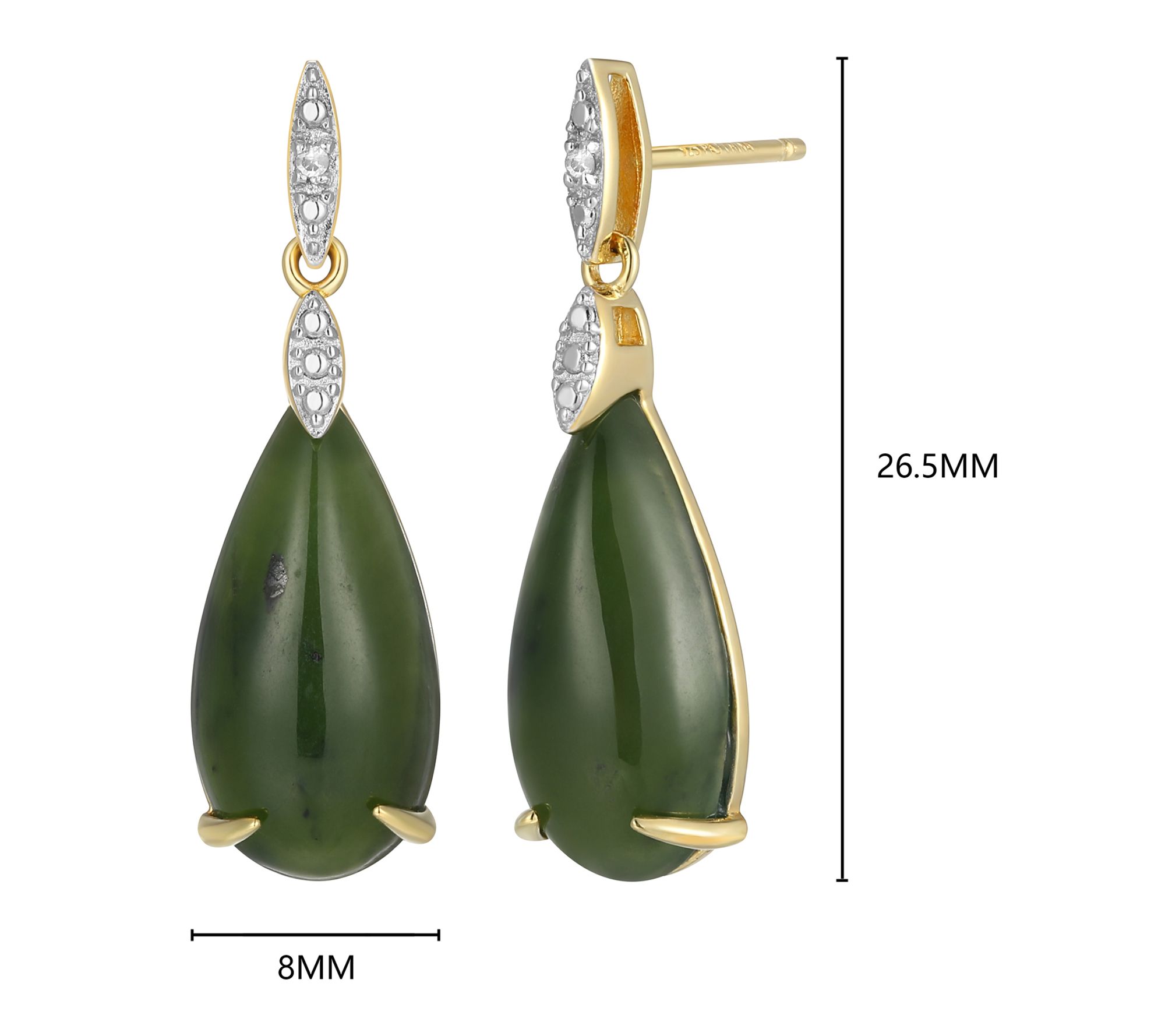 Dynasty Jade Pear Shaped Stud Earrings, 18k Gold Plated