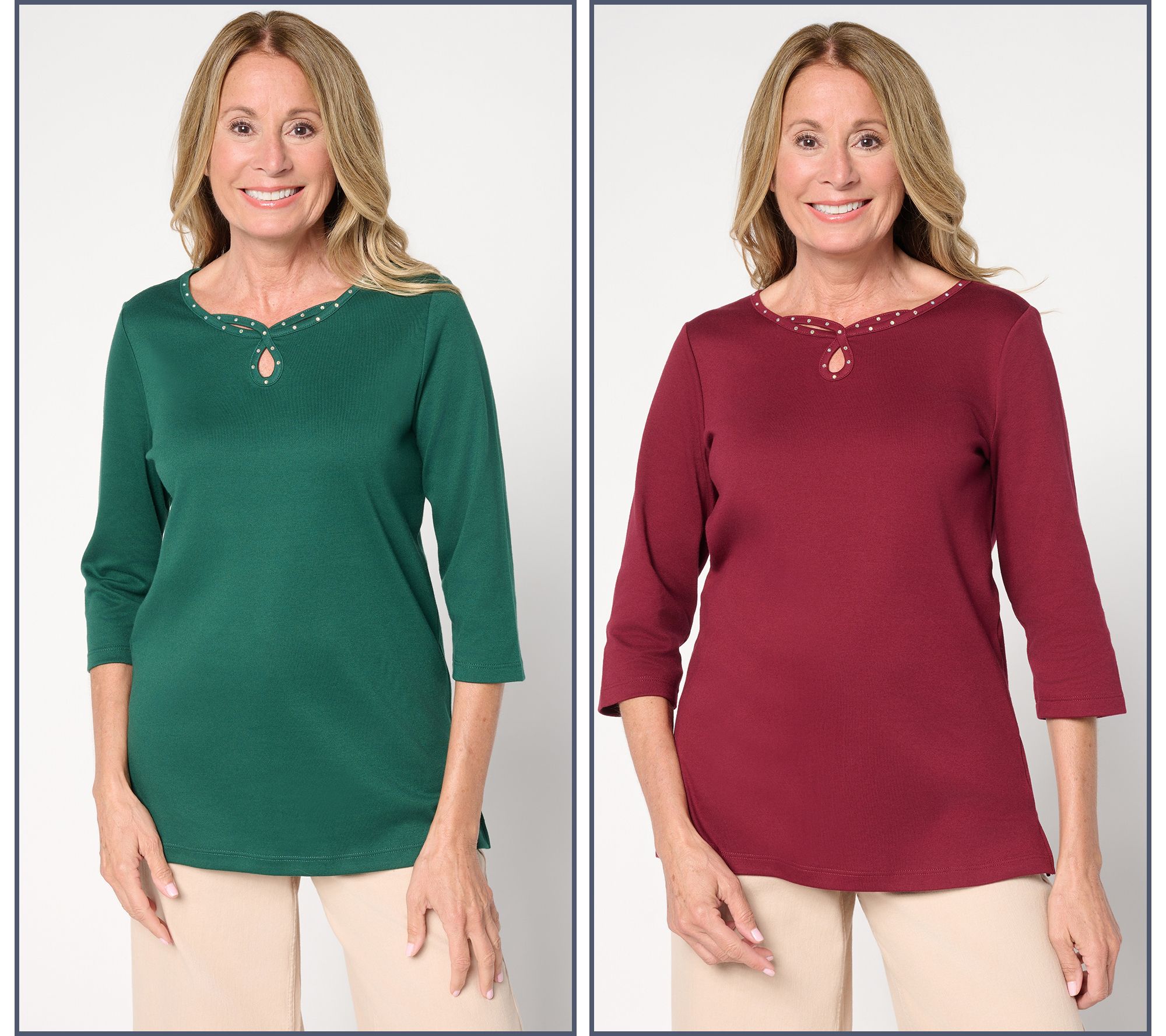 Quacker Factory Set of 2 Sparkle Keyhole 3/4-Sleeve Tops