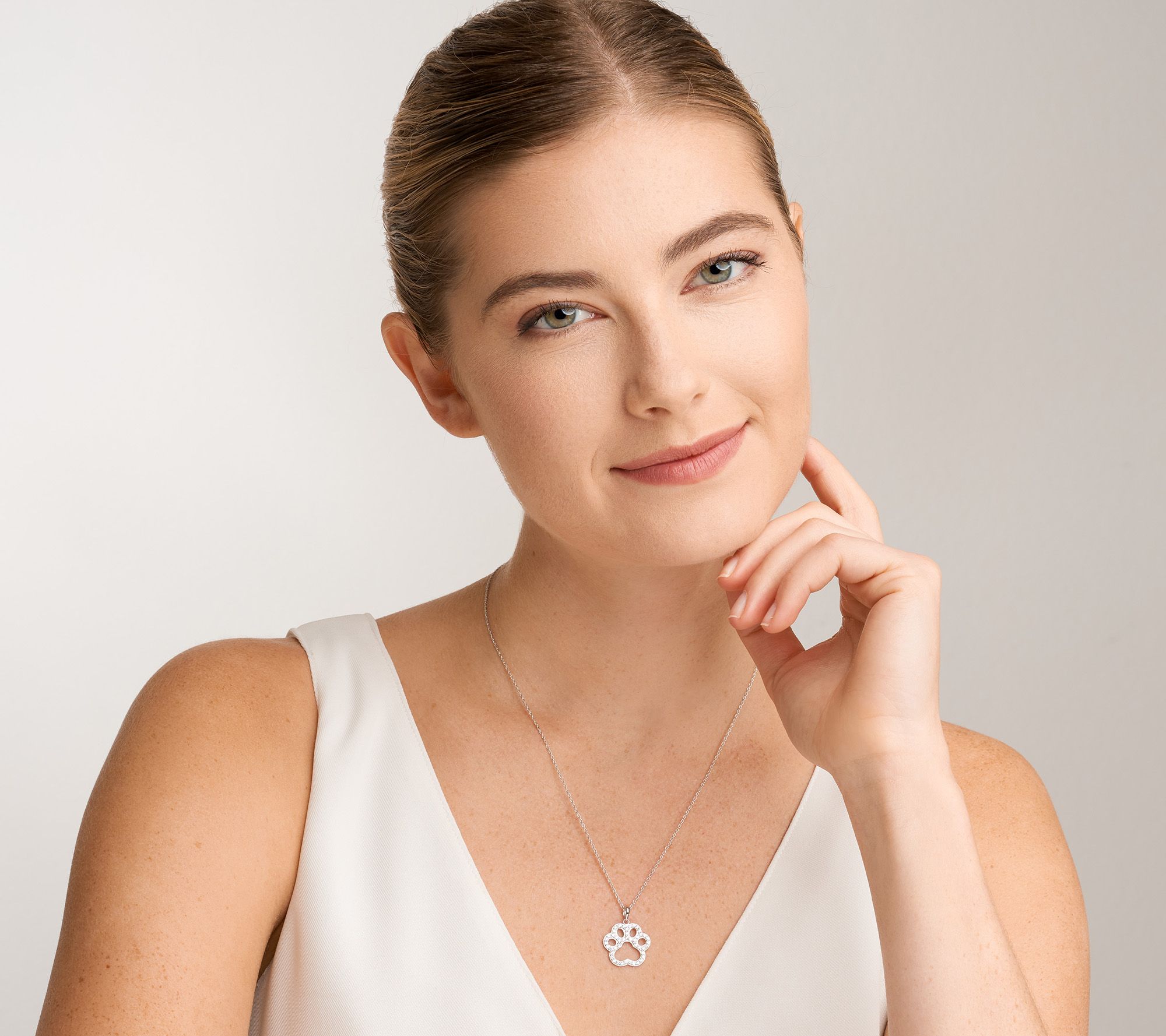 Diamonique Open Paw Print Necklace, Sterling Silver