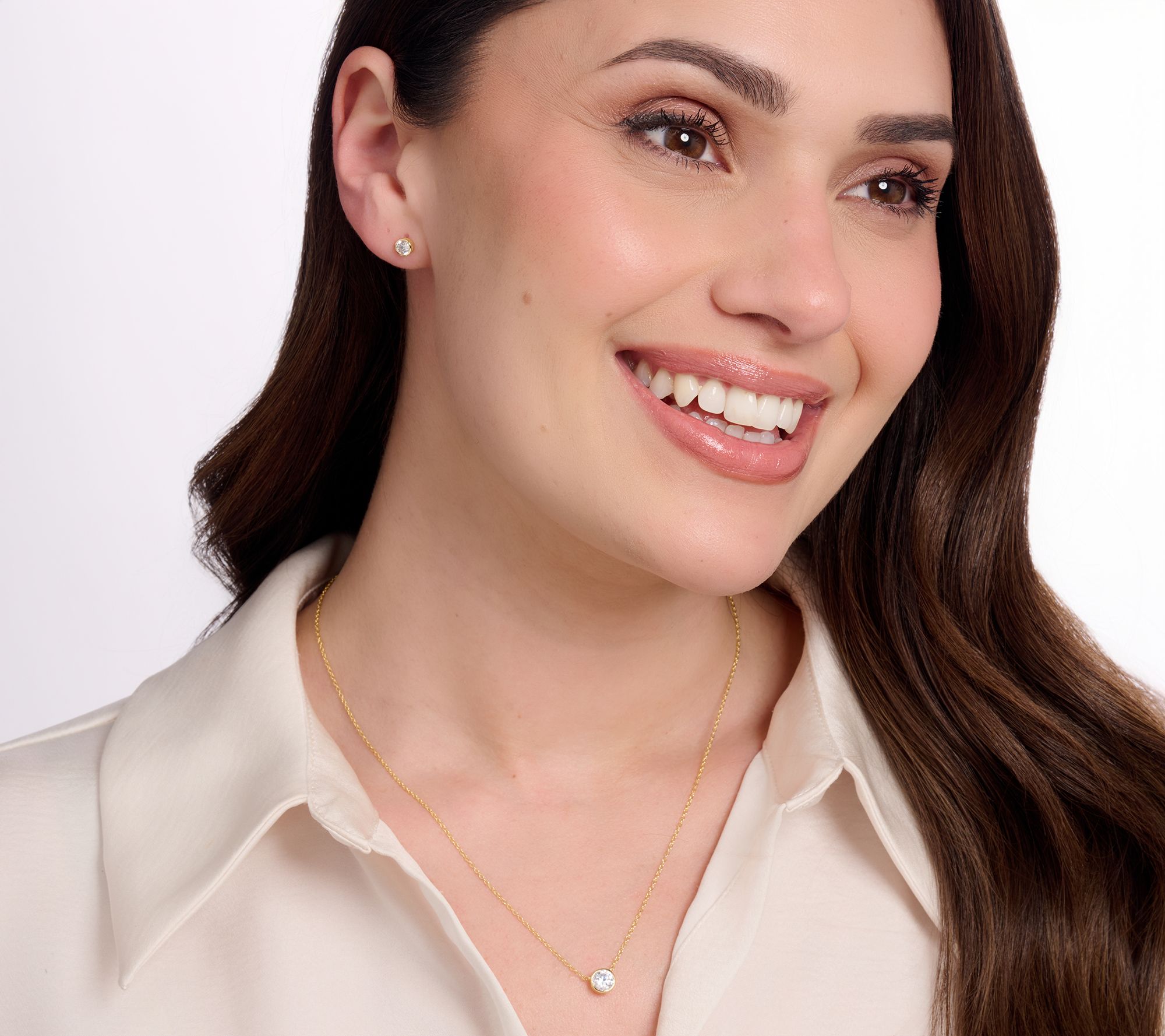 Diamonique Necklace & Stud Earrings Boxed Set, 14K Gold Plated