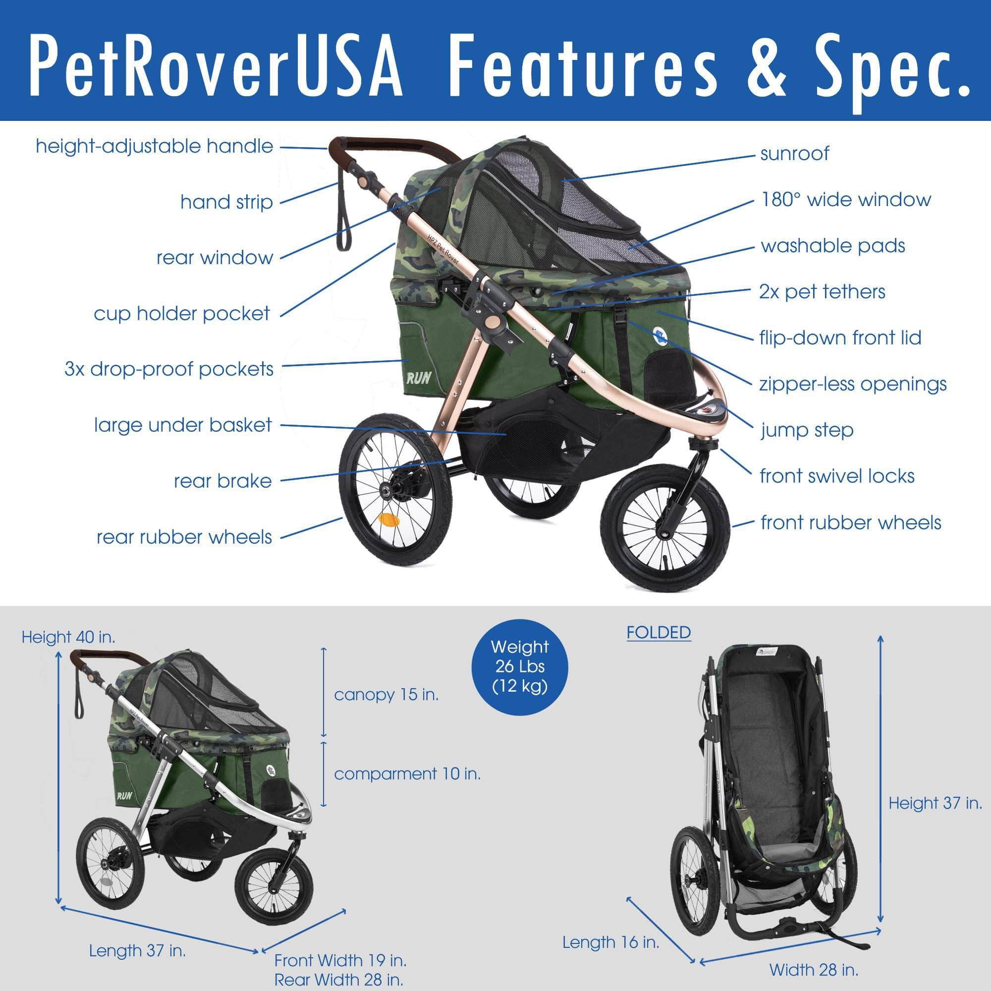 HPZ™ PET ROVER RUN Performance Jogging Sports Stroller for Small/Medium Dogs, Cats and Pets (Green Camo)