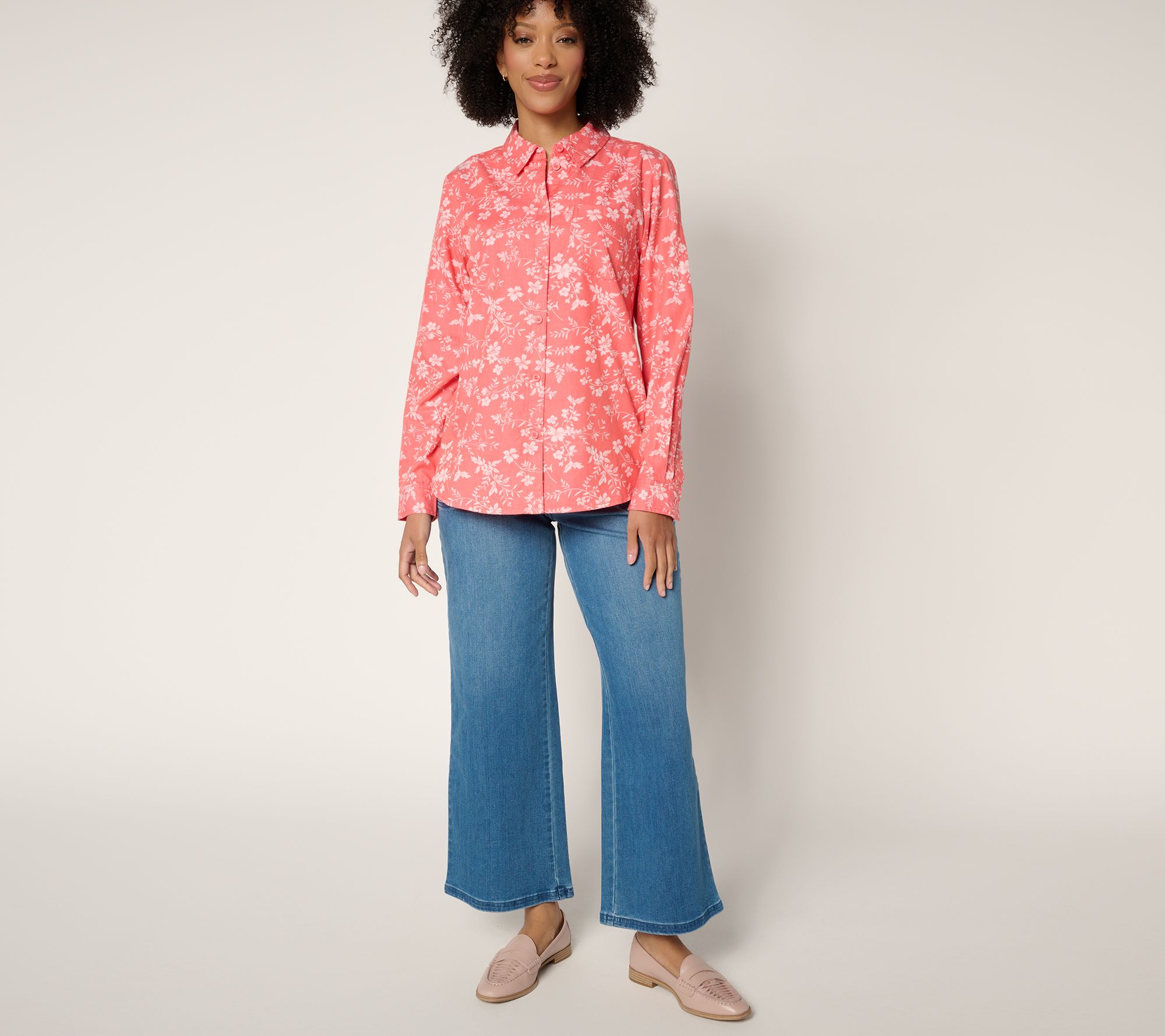 Joan Rivers Cotton Chambray Floral Classic Button Front Shirt