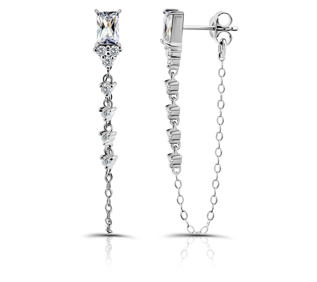 Diamonique 2.40 cttw Baguette Chain Earrings, Sterling Silver
