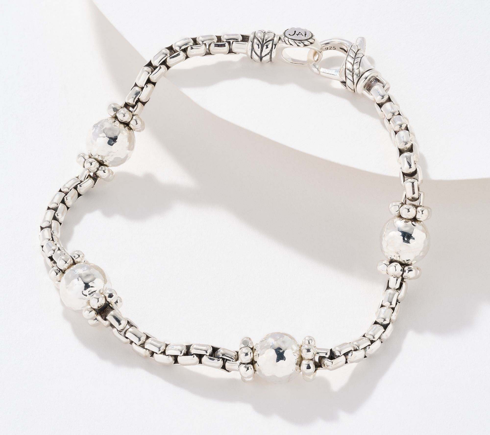 JAI Sterling Silver Hammered Bead 3.7mm Box Chain Bracelet, 13.5g