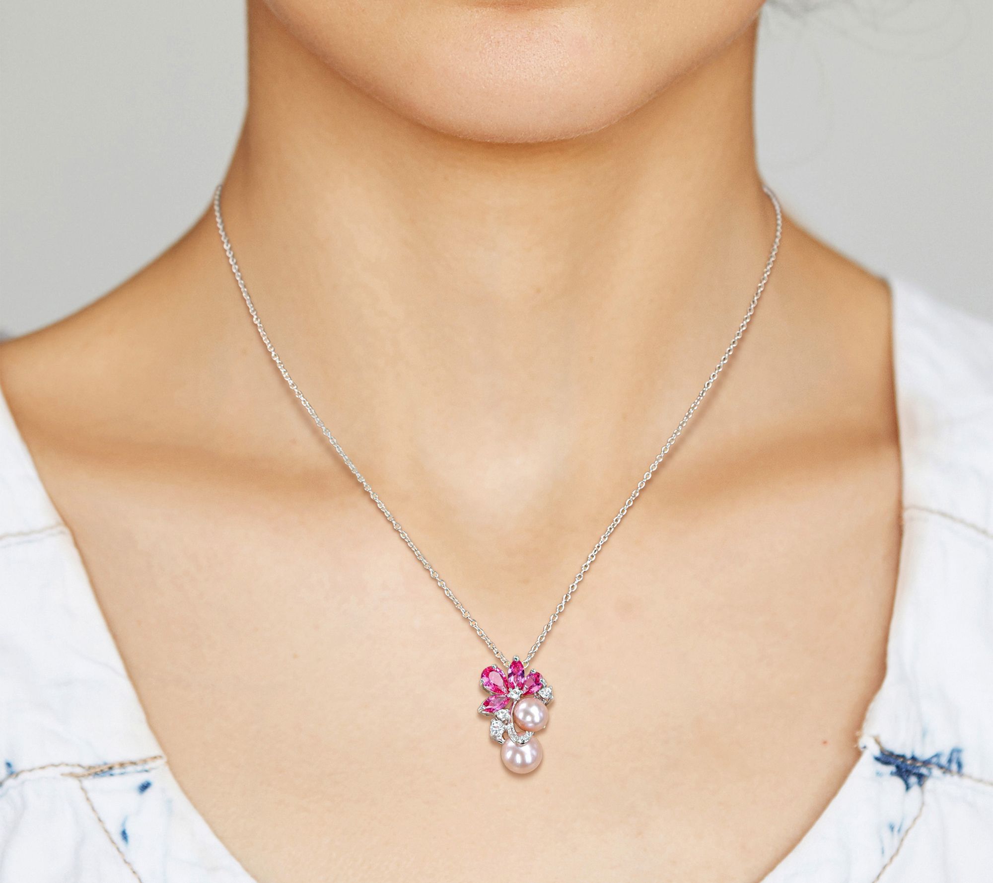 Affinity Cultured Pearl & Created Sapphire Necklace, Sterling