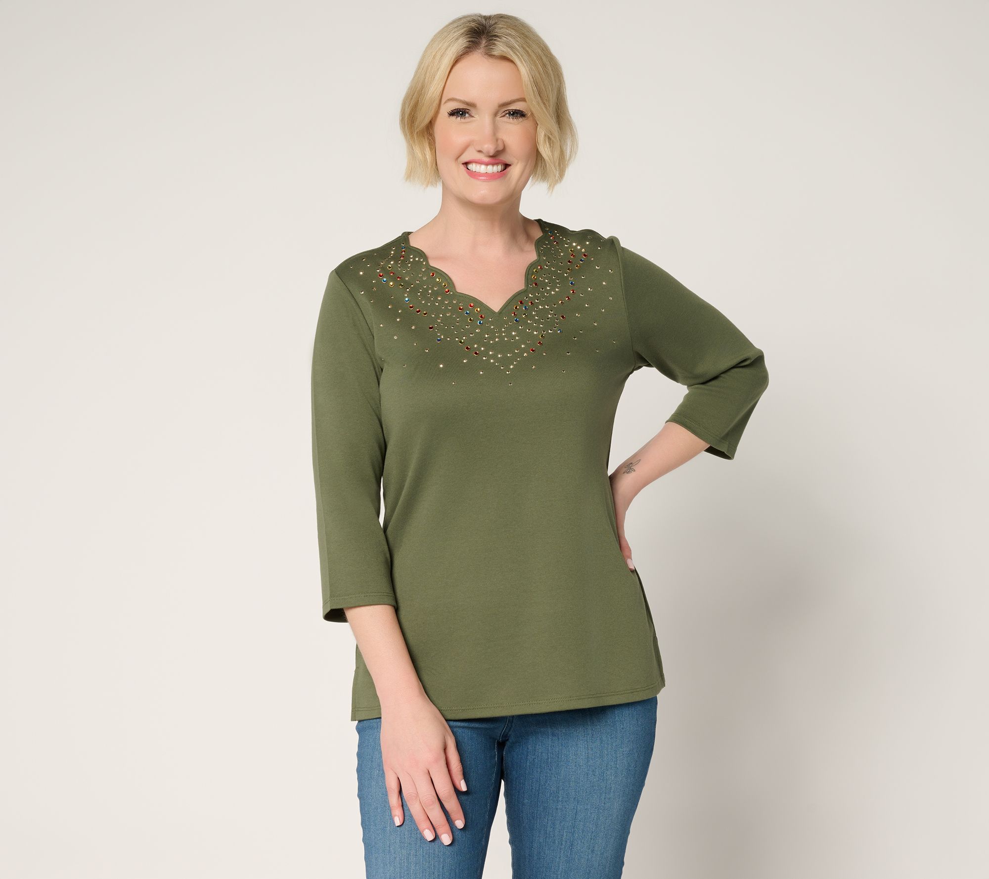 Quacker Factory Swirling Leaves Scalloped 3/4 Sleeve Top