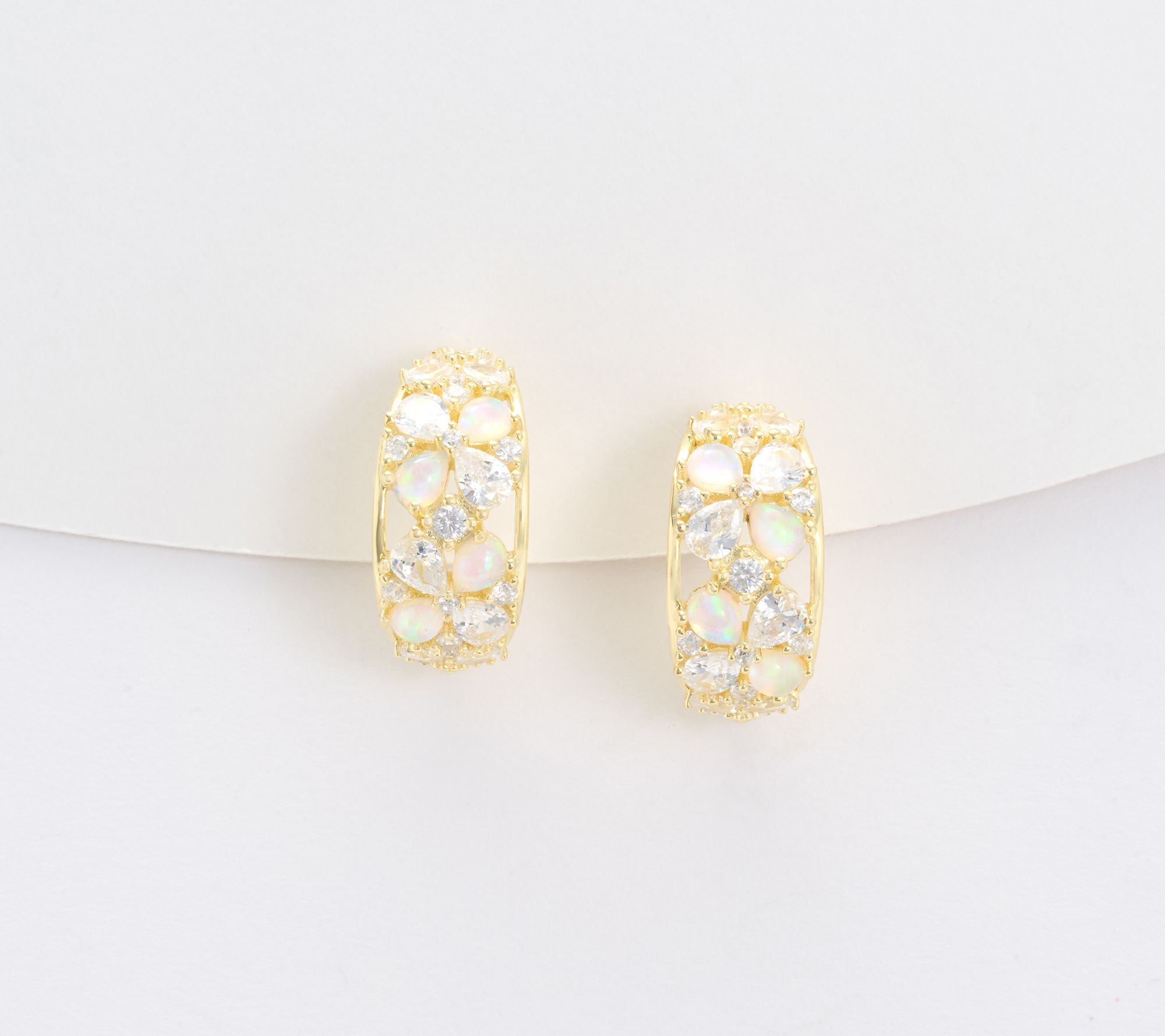 Diamonique Huggie Hoop Earrings with Simulated Opal, Sterling Silver