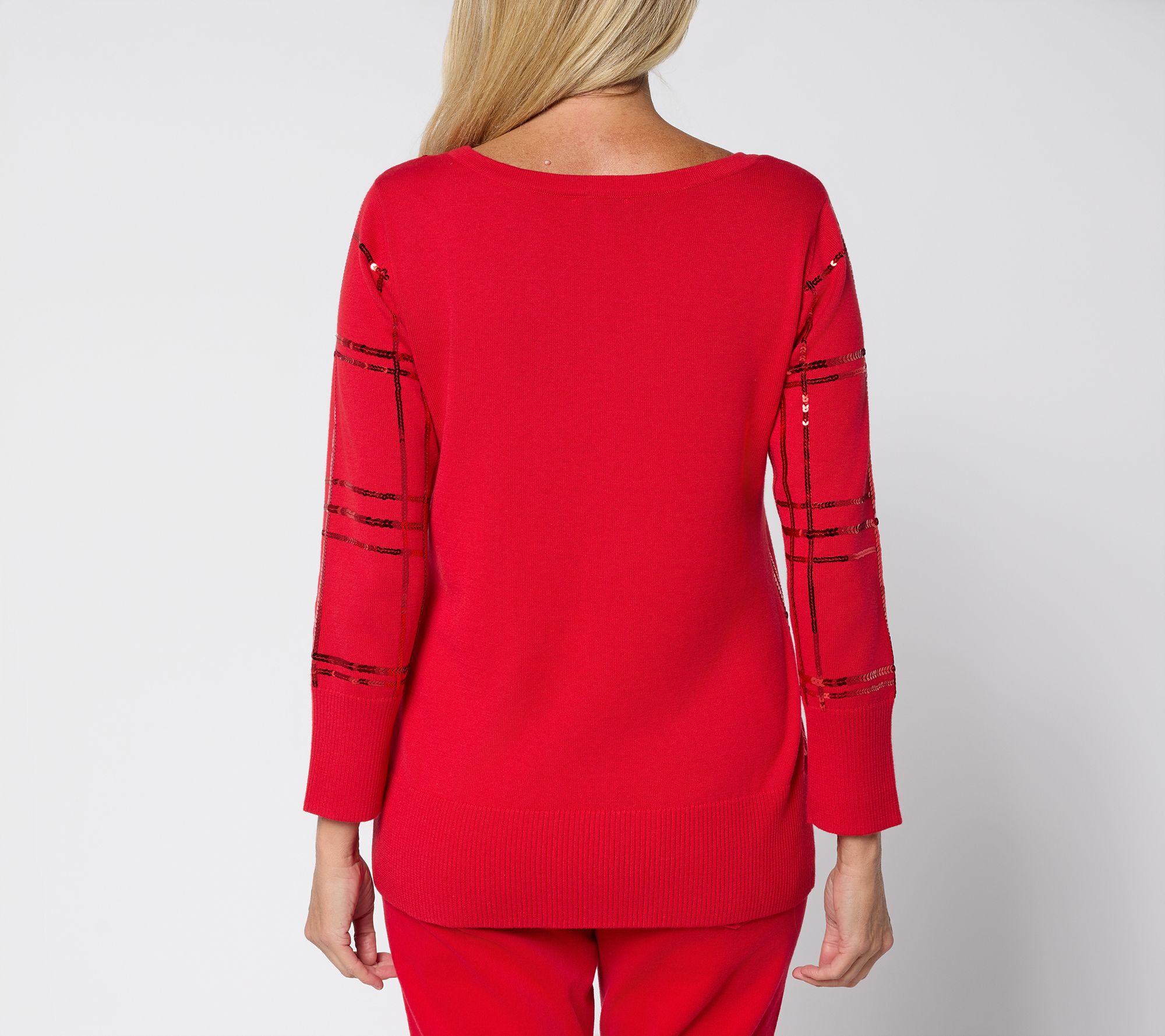 Denim & Co. Plaid Sequin Boat Neck Bracelet Sleeve Sweater