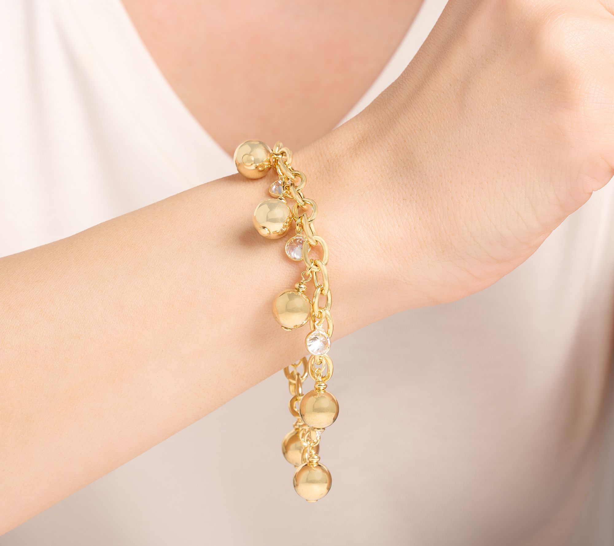 Diamonique Italia Bead & Charm Rolo Bracelet, Sterling Silver