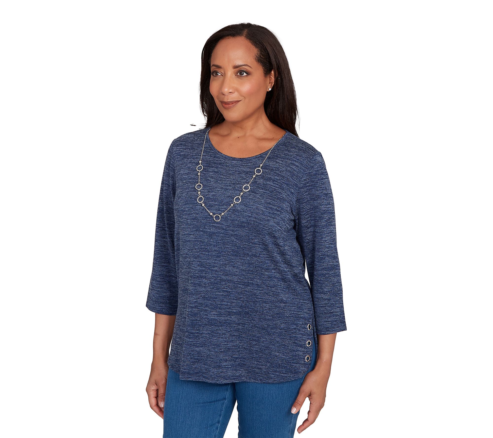 Alfred Dunner Petite Melange Side Button Top with Necklace