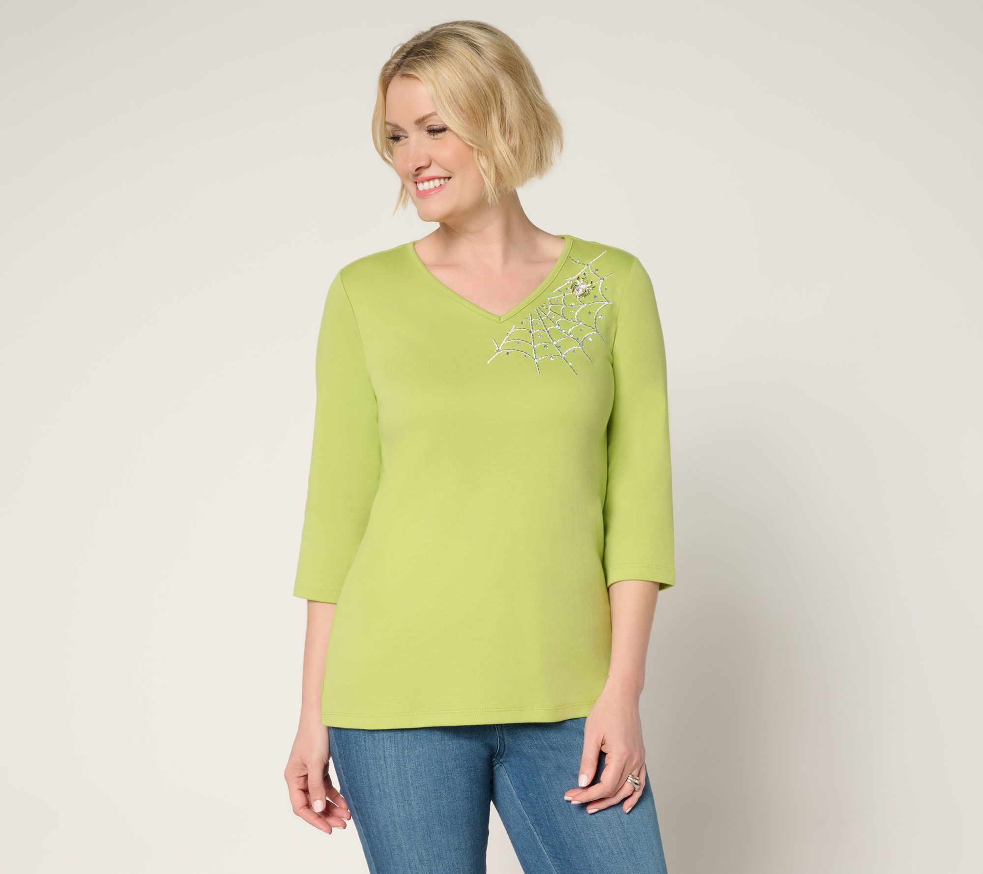 Quacker Factory The Web Embroidered V-Neck 3/4 Sleeve Top