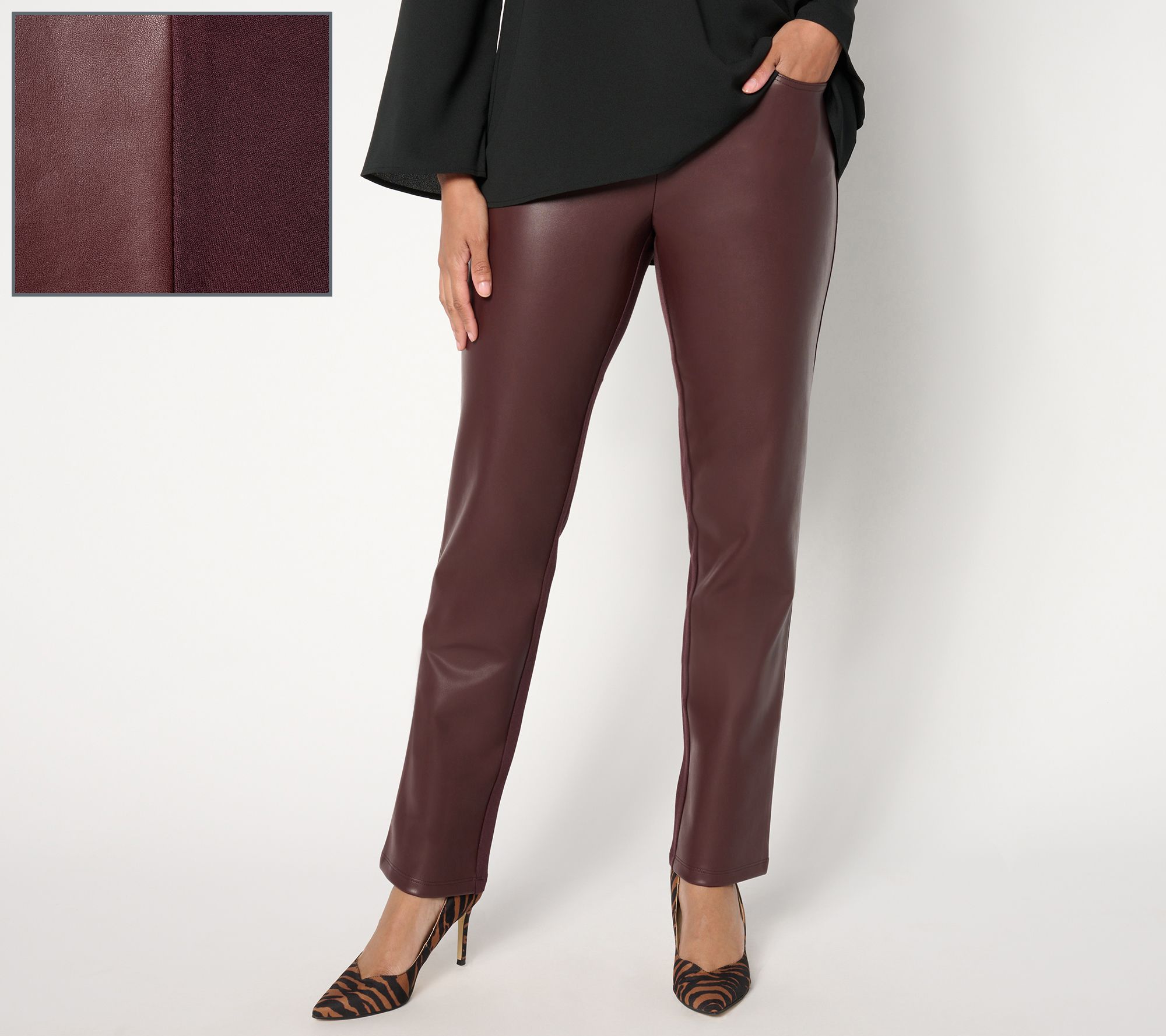Belle by Kim Gravel Petite Faux Leather Front, Ponte Back Pant