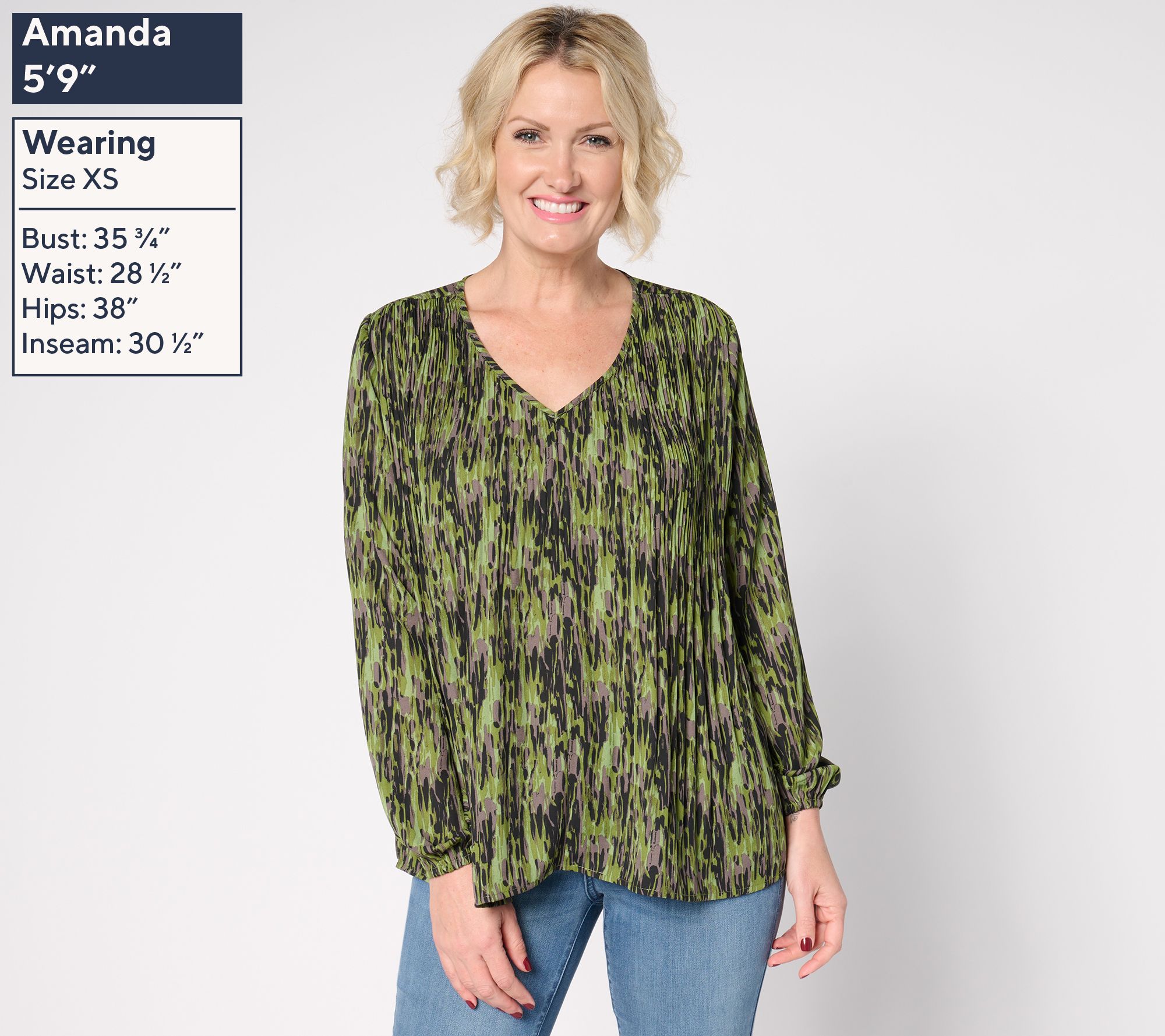 Belle by Kim Gravel Micropleat V-Neck Printed Blouse