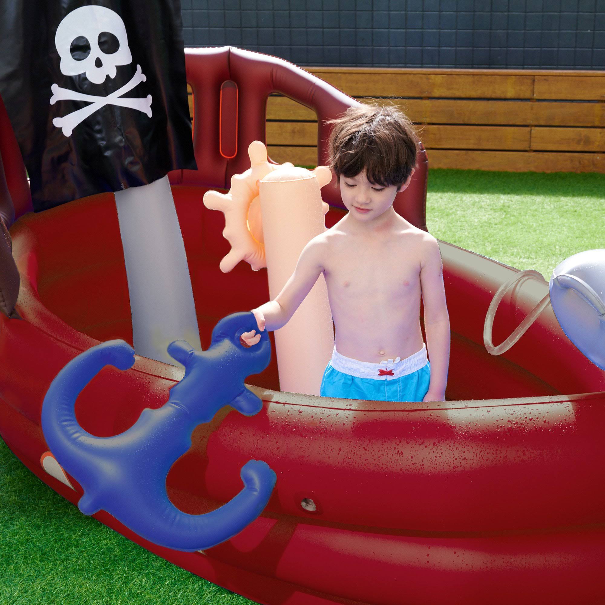 Teamson Kids - Water Fun Pirate Boat Iatable Sprinkler Play Center with Pump - Red