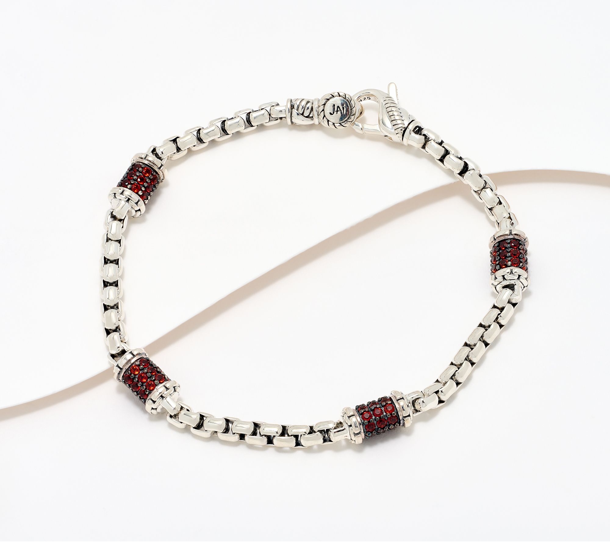 JAI Sterling Silver Pave Station 3.7mm Box Chain Bracelet, 13.0g