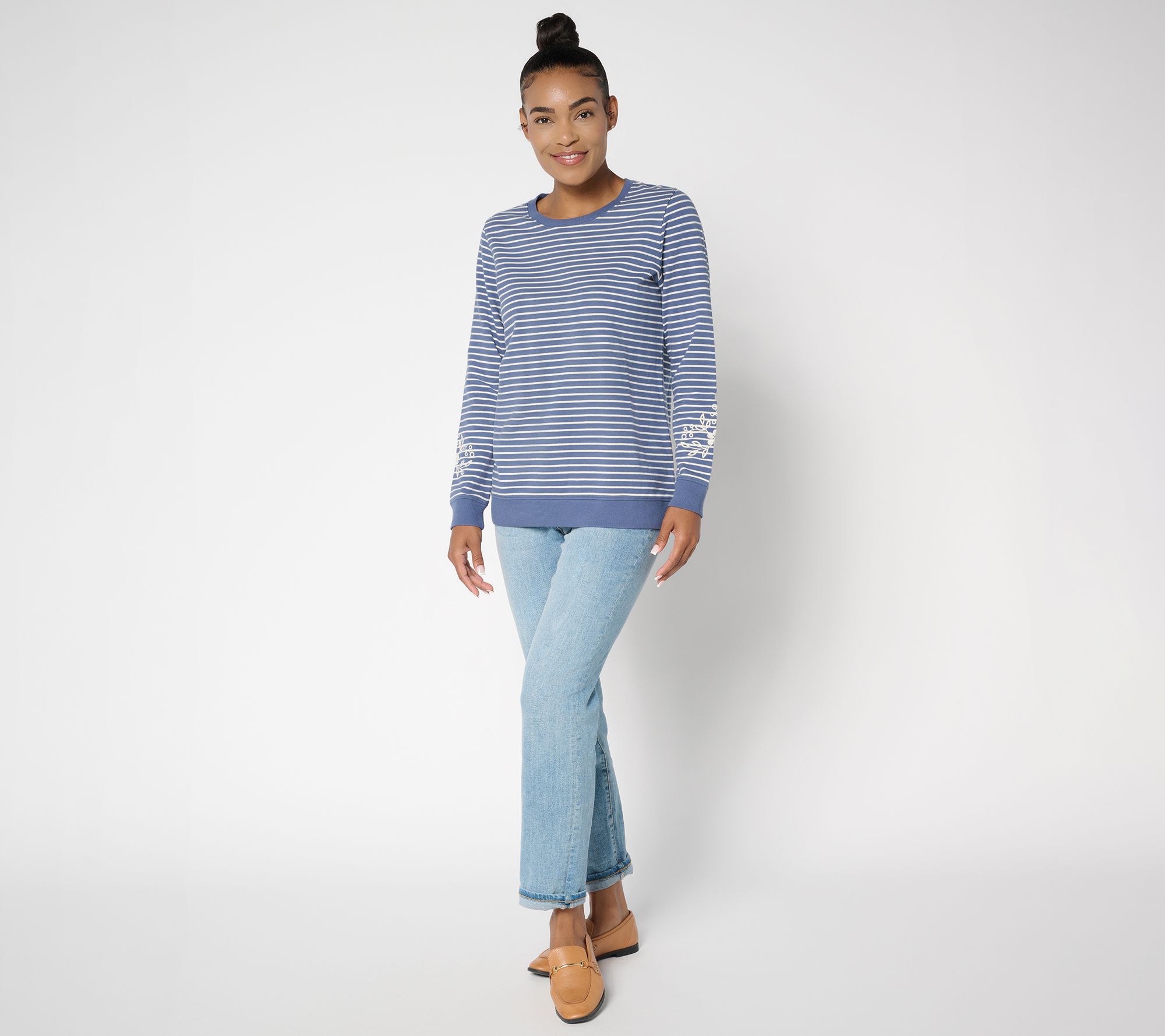 Denim & Co. Yarn Dye Stripe French Terry Pullover with Embroidery