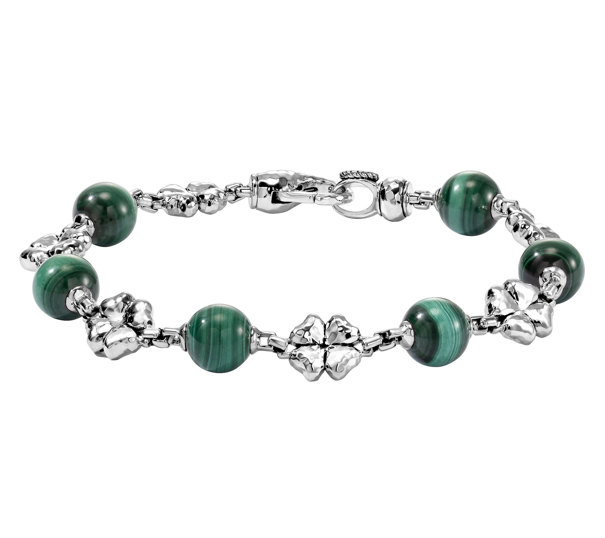 JAI Sterling Silver Clover & Malachite Bead Bracelet