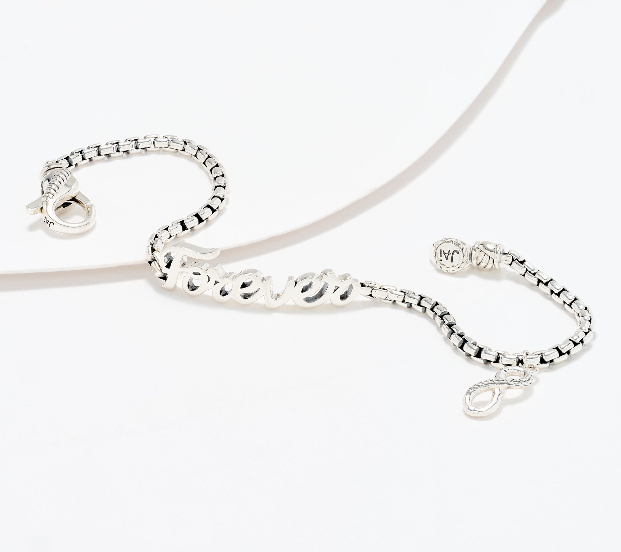 JAI Sterling Silver Script Charm Box Chain Bracelet, 9.5g