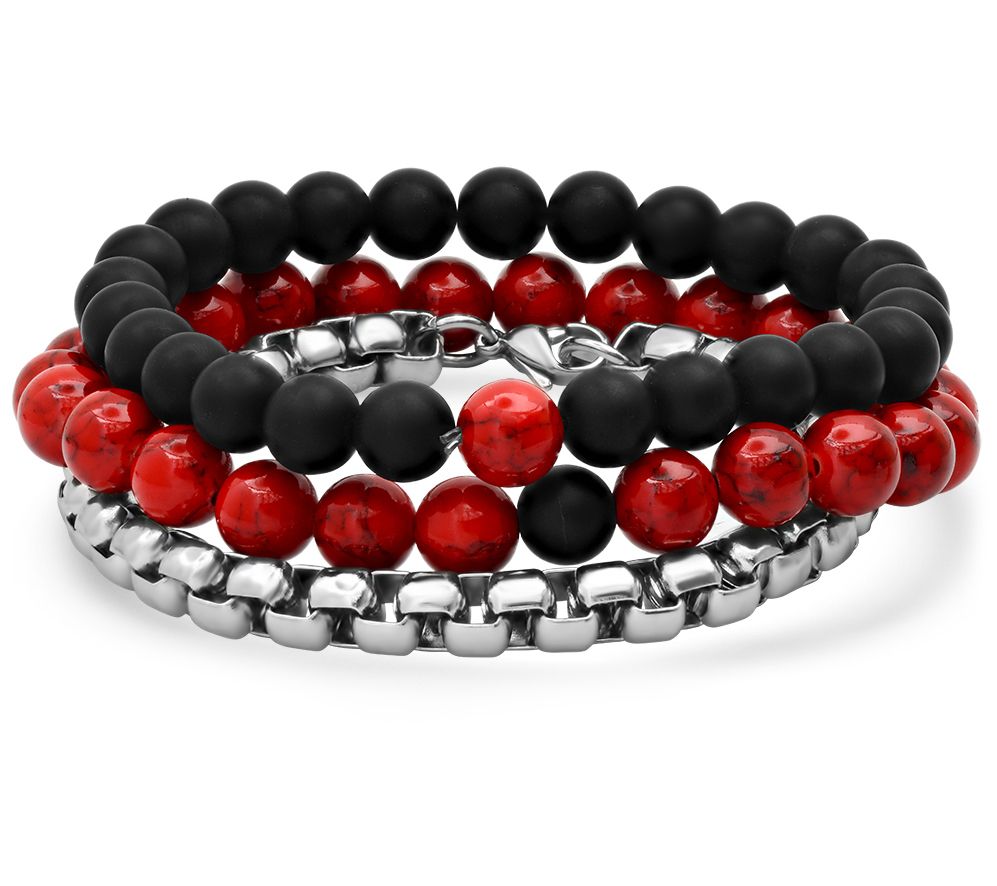 Steel by Design Stainless, Red Agate & Black Bracelet Set