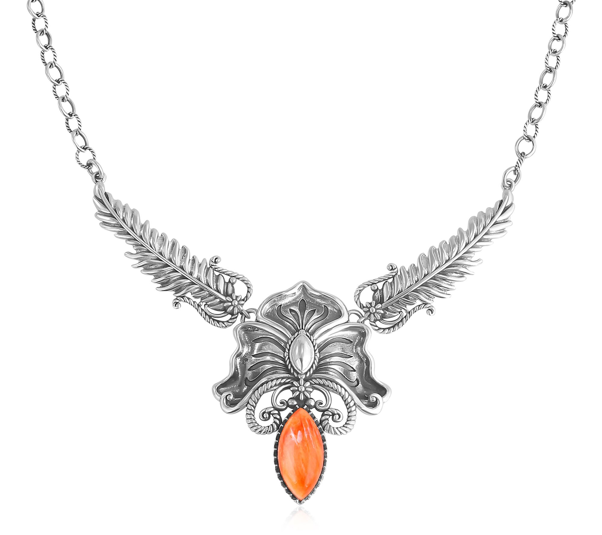 American West Sterling Cactus Flower Marquise Feather Necklace