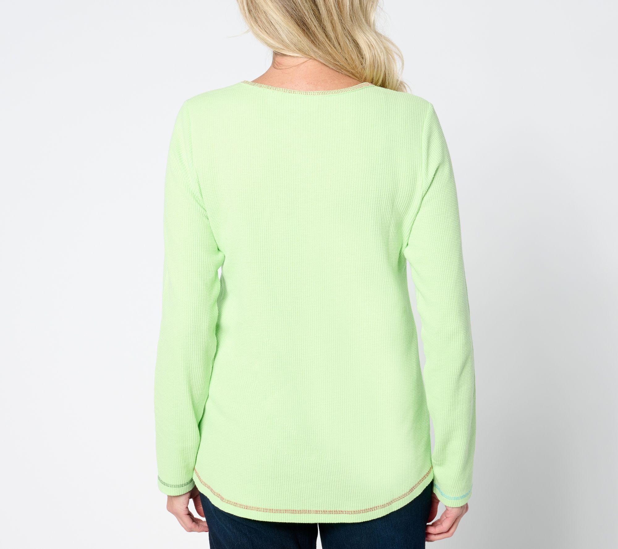 Quacker Factory Glitter Holiday Embellished Waffle Long Sleeve Top