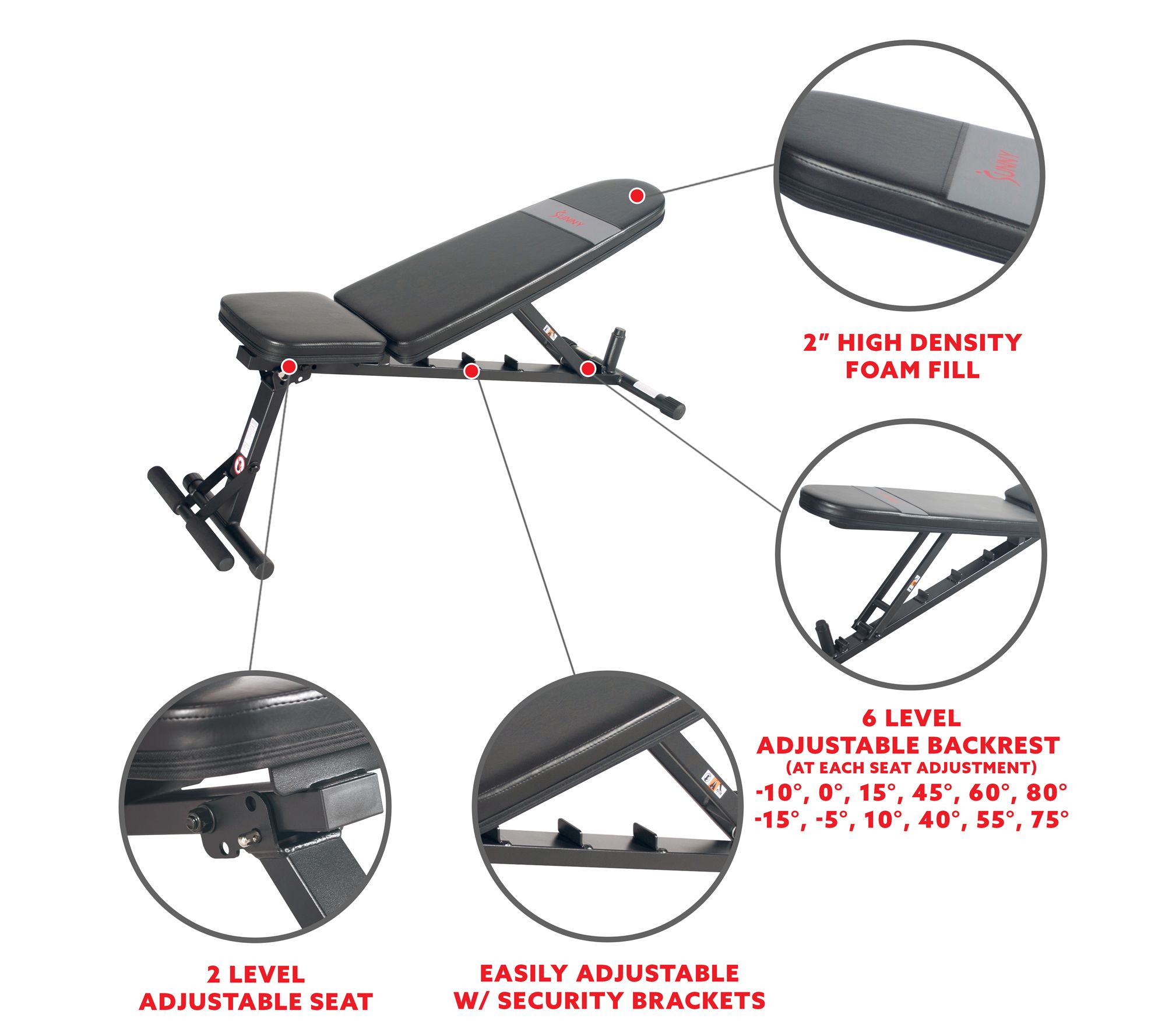 Sunny Health Fitness Adjustable Weight Bench -F-BH6921