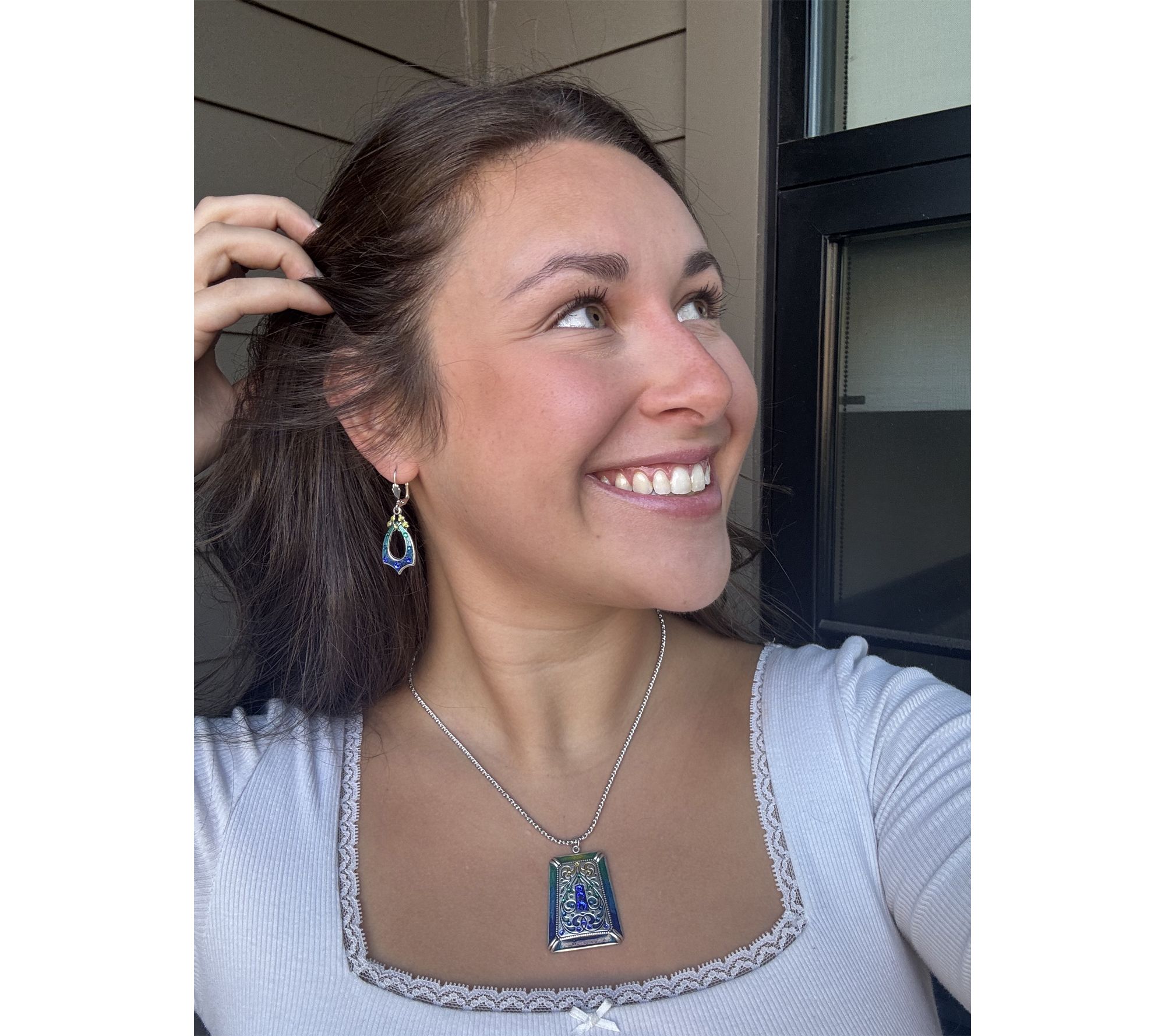 Anne Koplik Blue & Green Crystal Rainbow Bell Drop Earrings