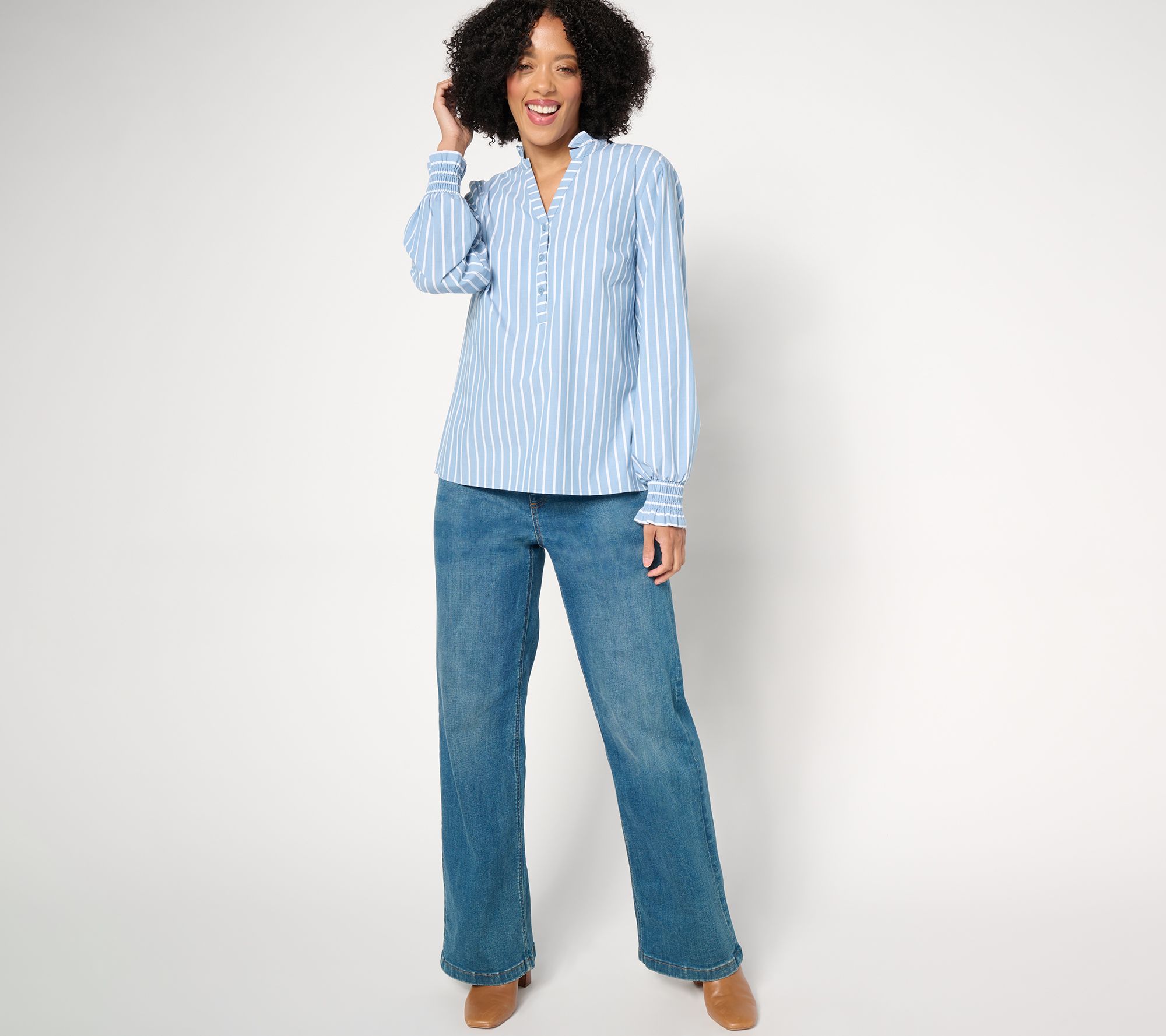 Studio Park x Amy Stran Ruffle Collar Smocked Cuff Henley Shirt