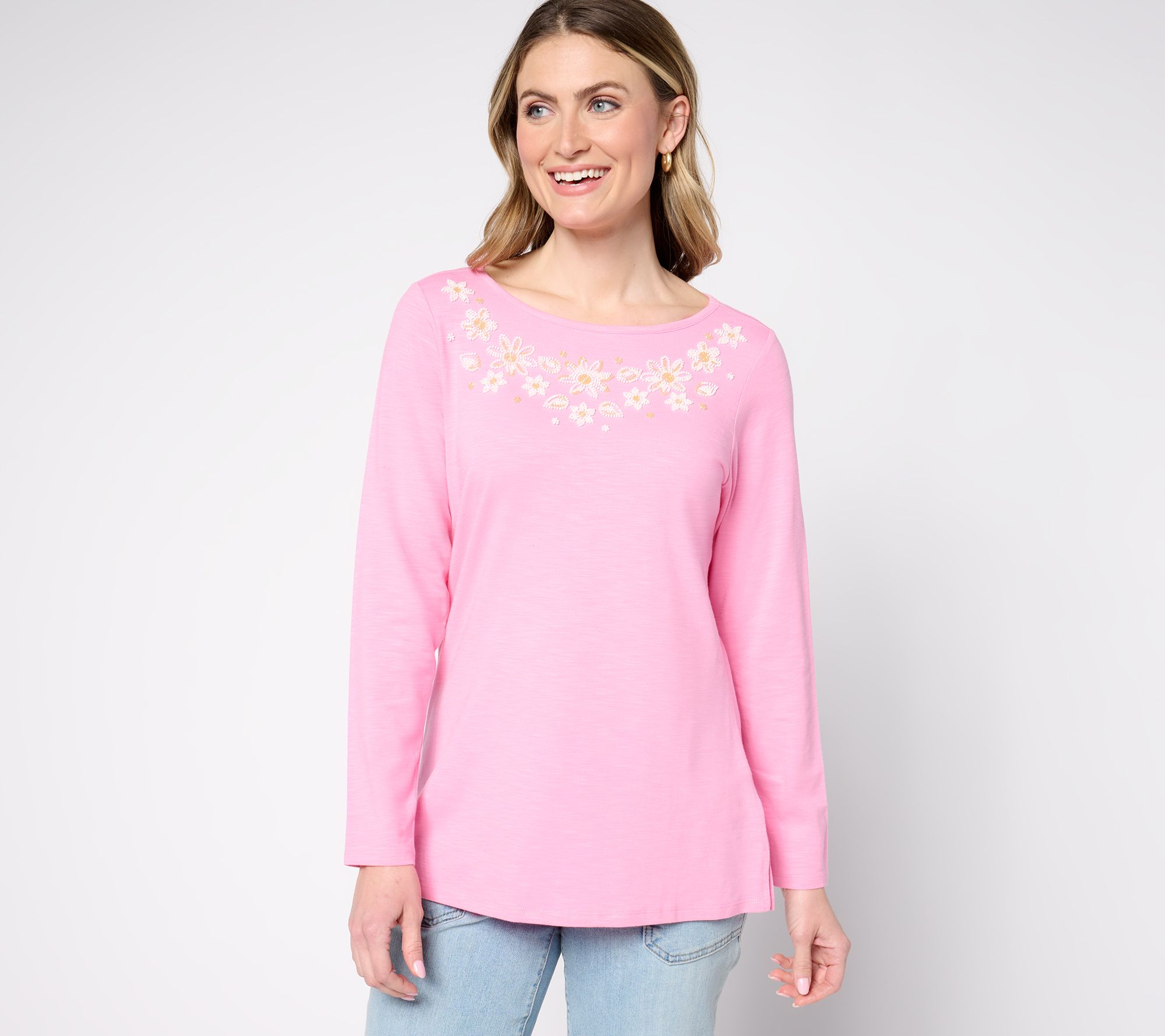 Quacker Factory Forget Me Not Beaded Bateau Long Sleeve Top