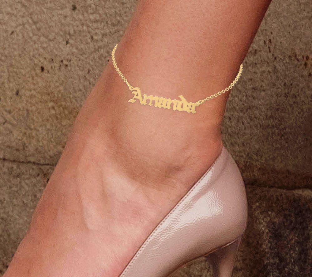 14K Gold Plated Personalized Adjustable Name An kle Bracelet