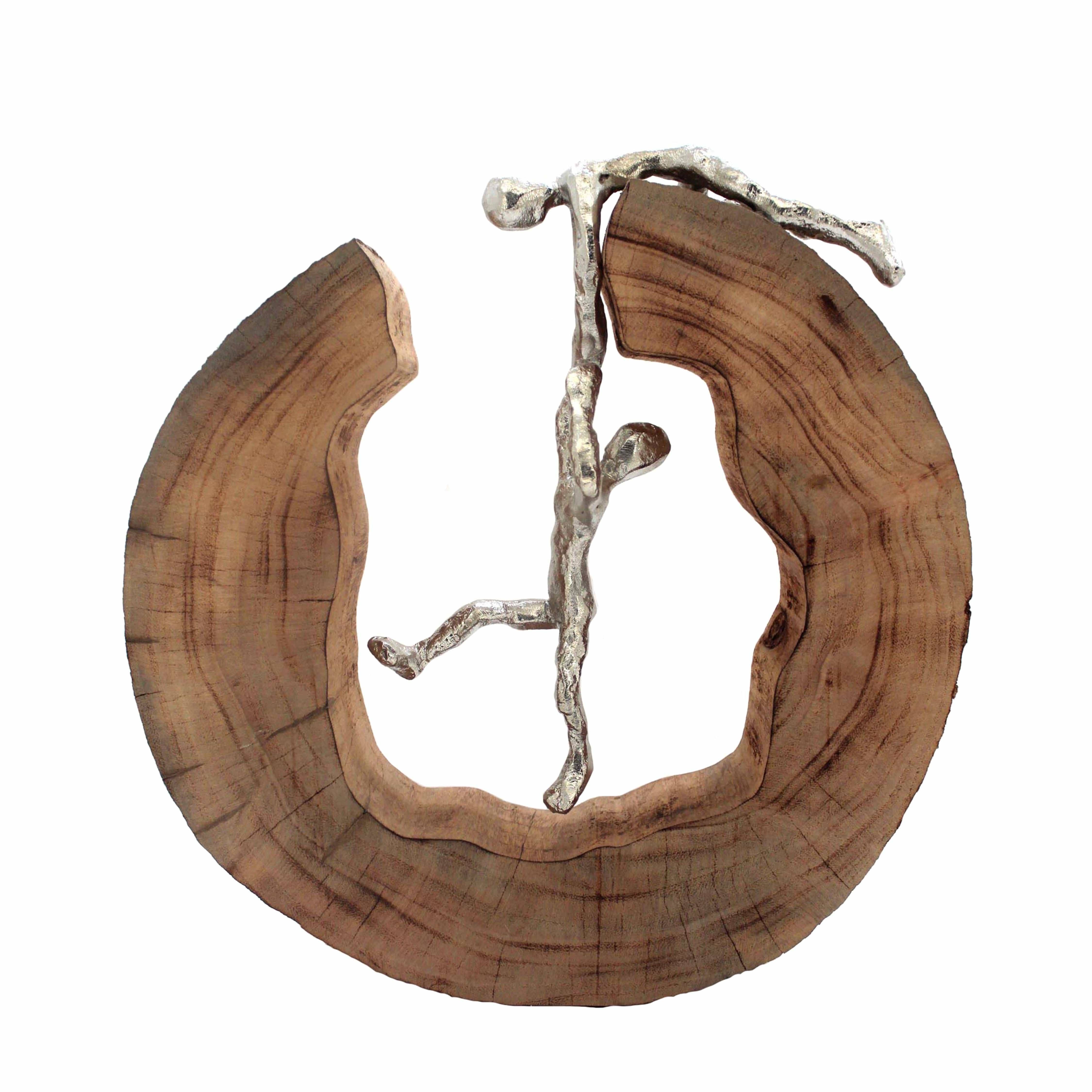 Benzara Wood and Aluminum Man Climbing A Log Sculpture, Silver and Brown