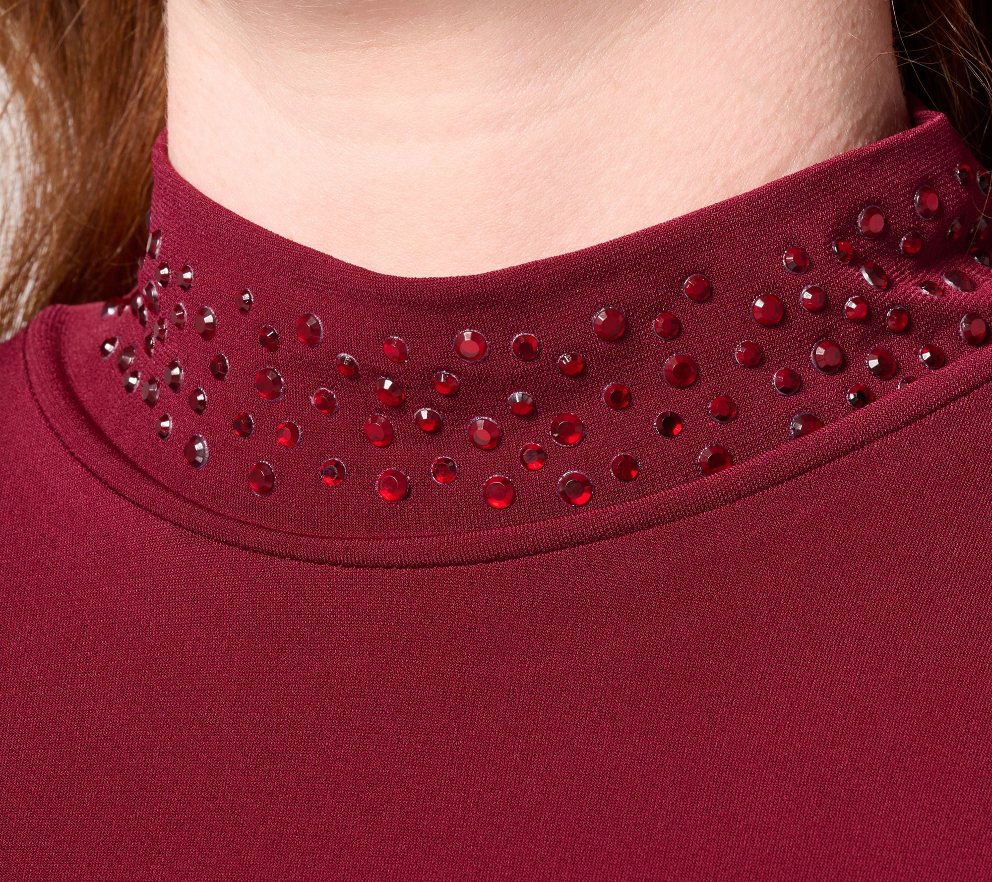 Susan Graver Occasions Liquid Knit Embellished Mock-Neck Top