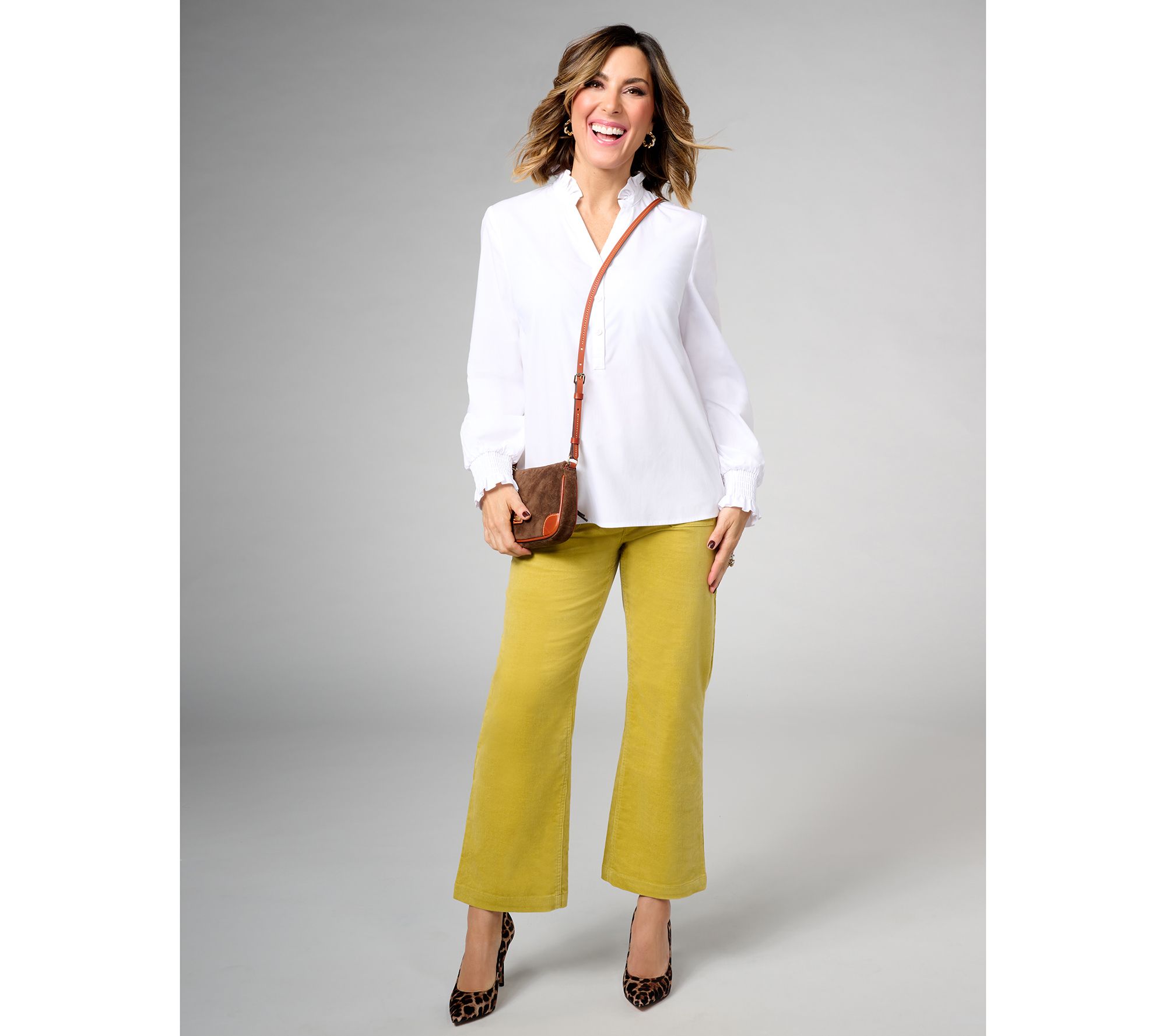 Studio Park x Amy Stran Ruffle Collar Smocked Cuff Henley Shirt