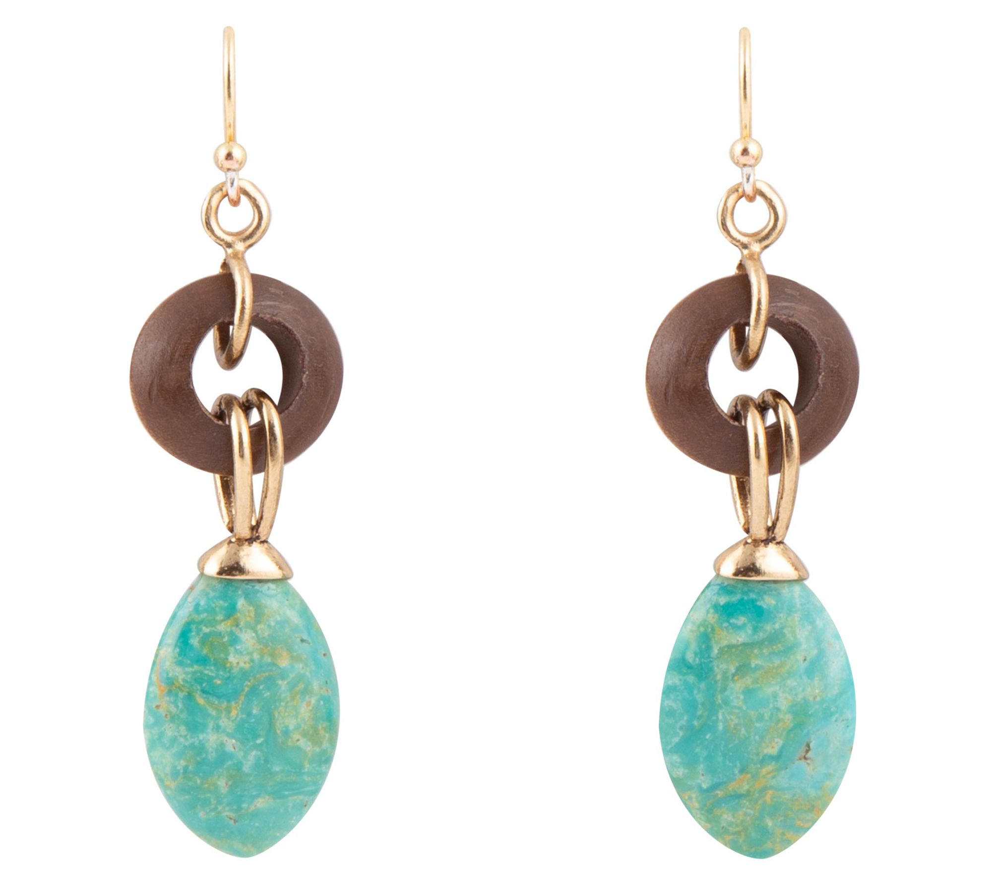 Barse Artisan Crafted Bronze Wood & Turquoise Drop Earrings