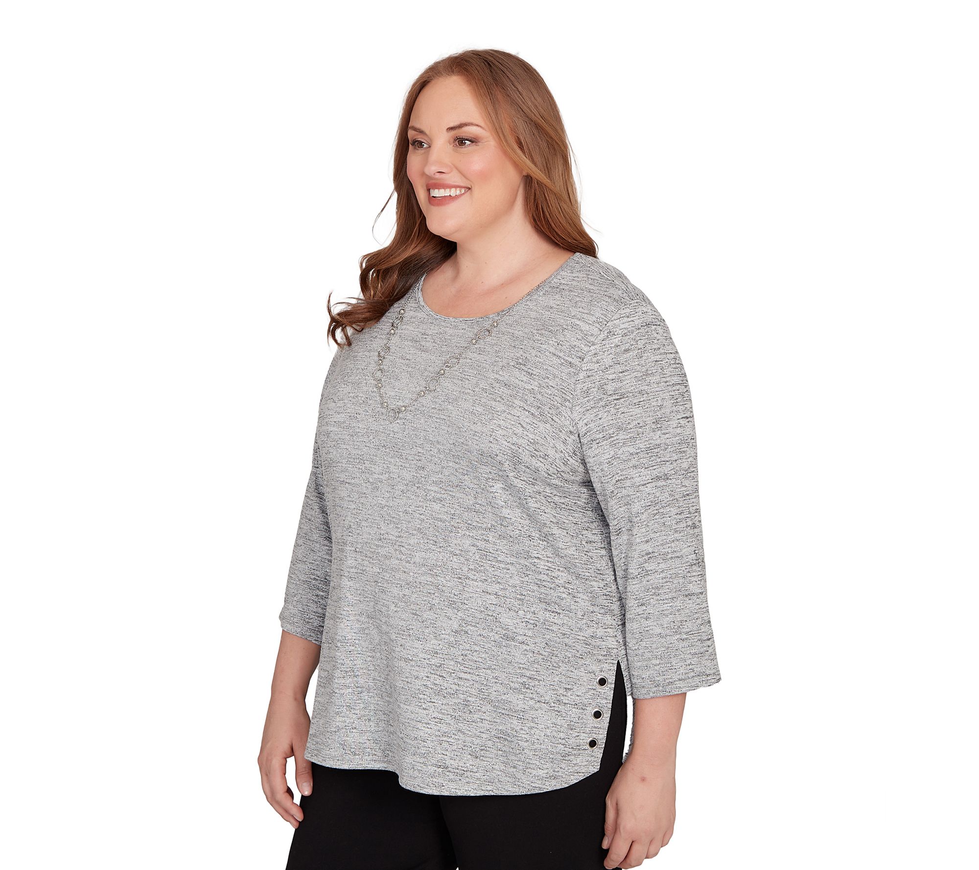 Alfred Dunner Melange Side Button Top with Necklace